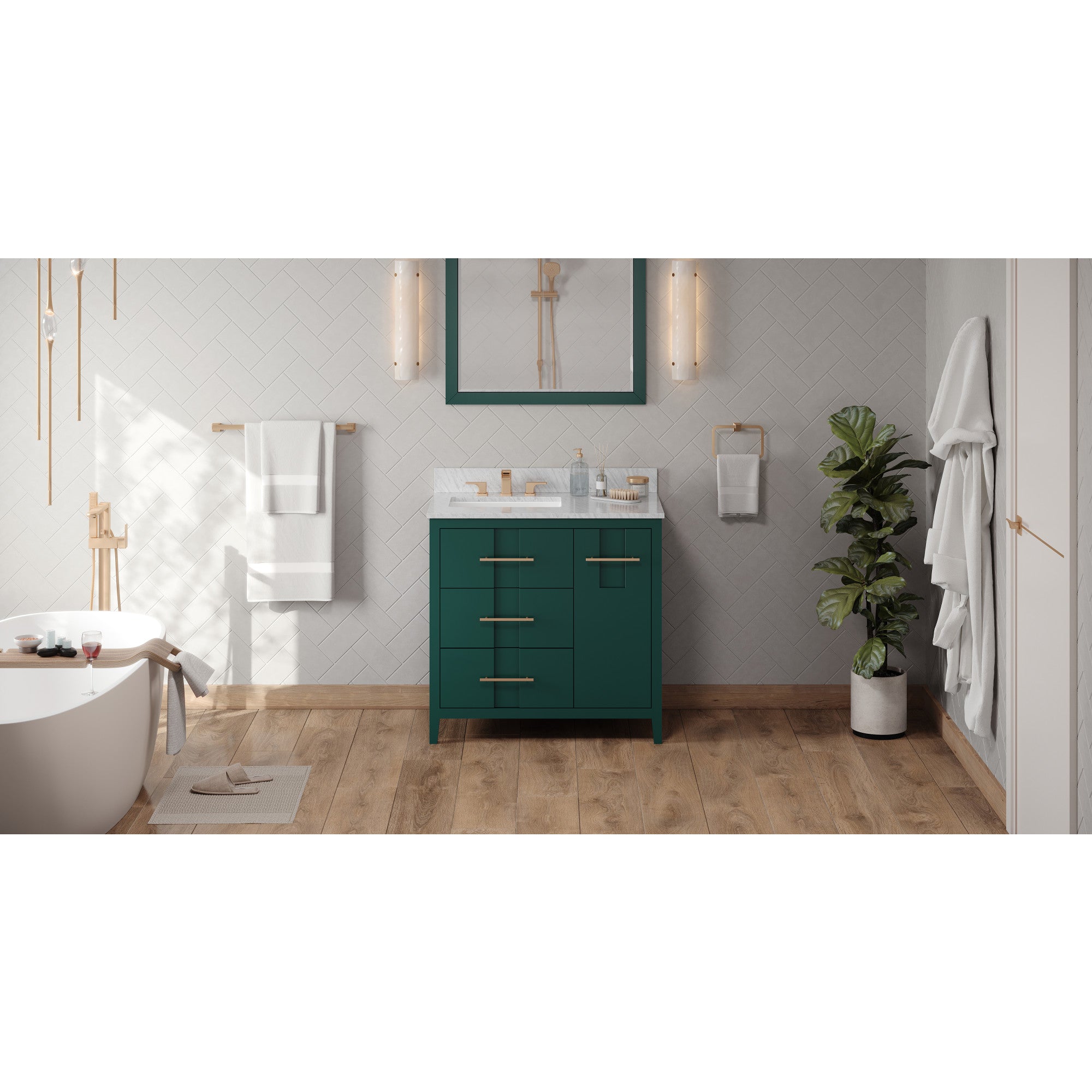 36" Forest Green Katara Vanity, left offset, White Carrara Marble Vanity Top, undermount rectangle bowl | KitchBath