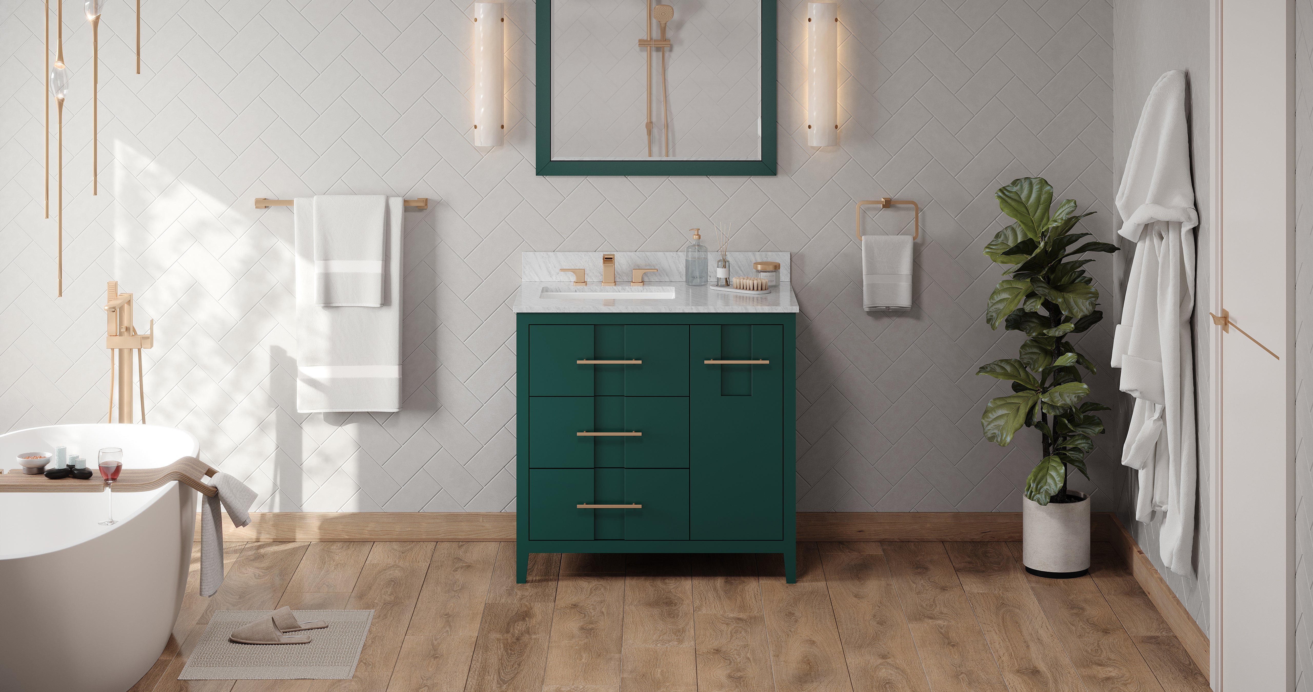 36" Forest Green Katara Vanity, left offset, White Carrara Marble Vanity Top, undermount rectangle bowl | KitchBath