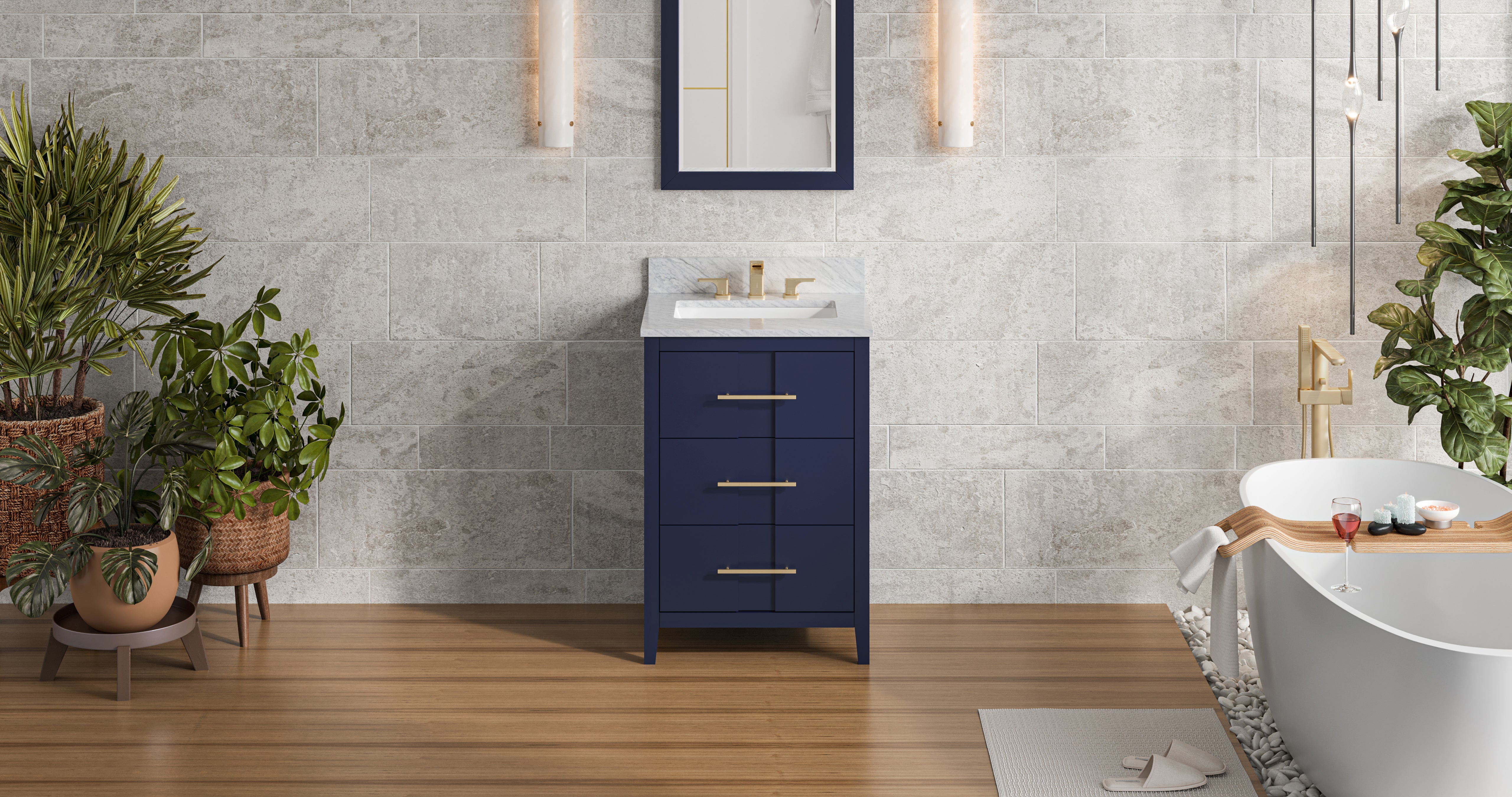 24" Hale Blue Katara Vanity, White Carrara Marble Vanity Top, undermount rectangle bowl | KitchBath