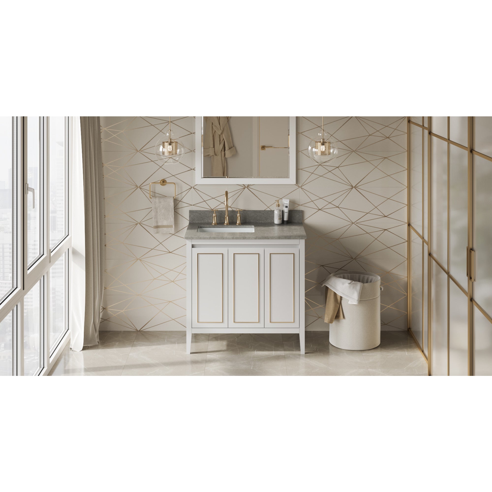 36" White Percival Vanity, left offset, Steel Grey Cultured Marble Vanity Top, undermount rectangle bowl | KitchBath