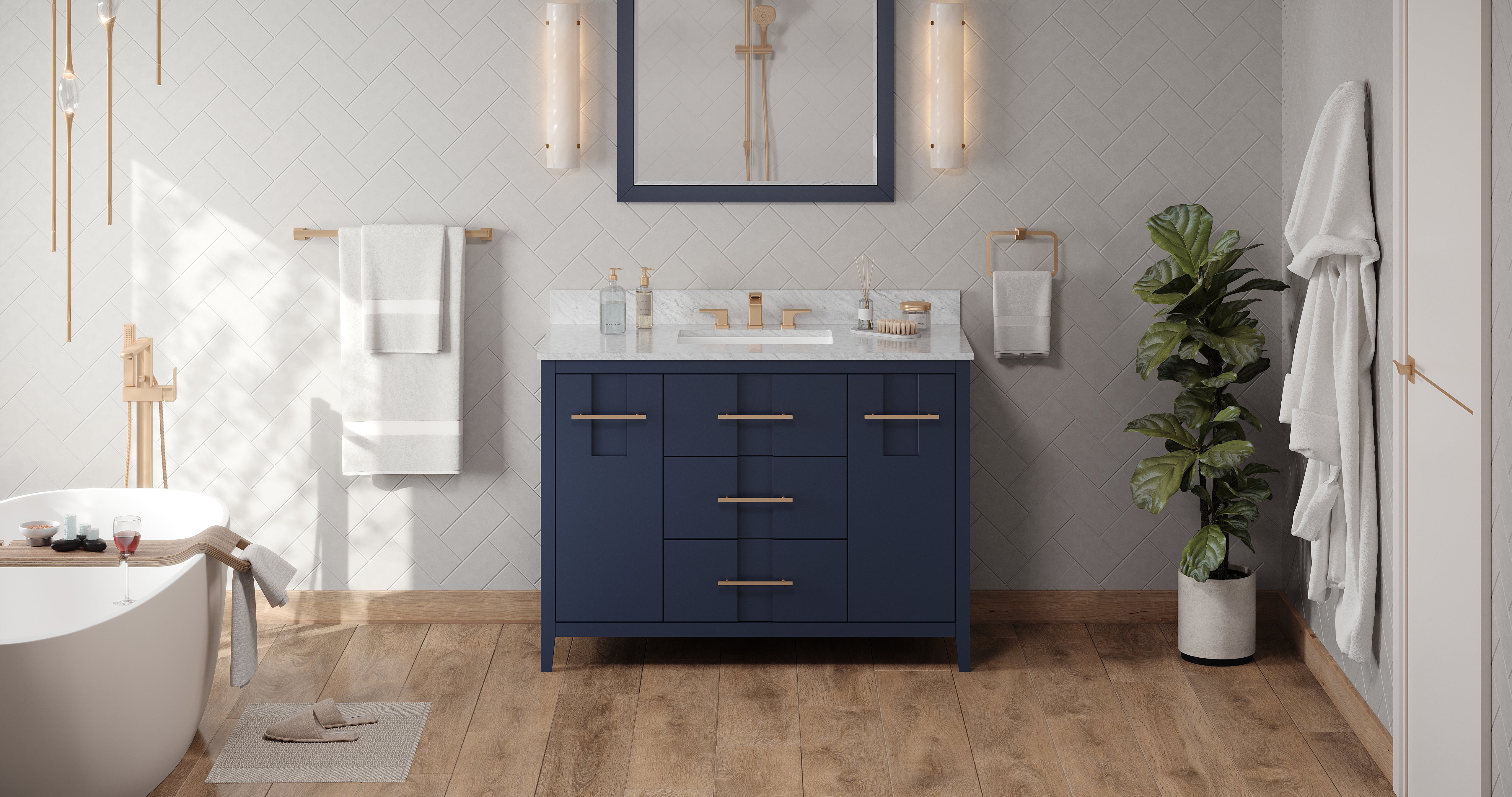 48" Hale Blue Katara Vanity, White Carrara Marble Vanity Top, undermount rectangle bowl | KitchBath