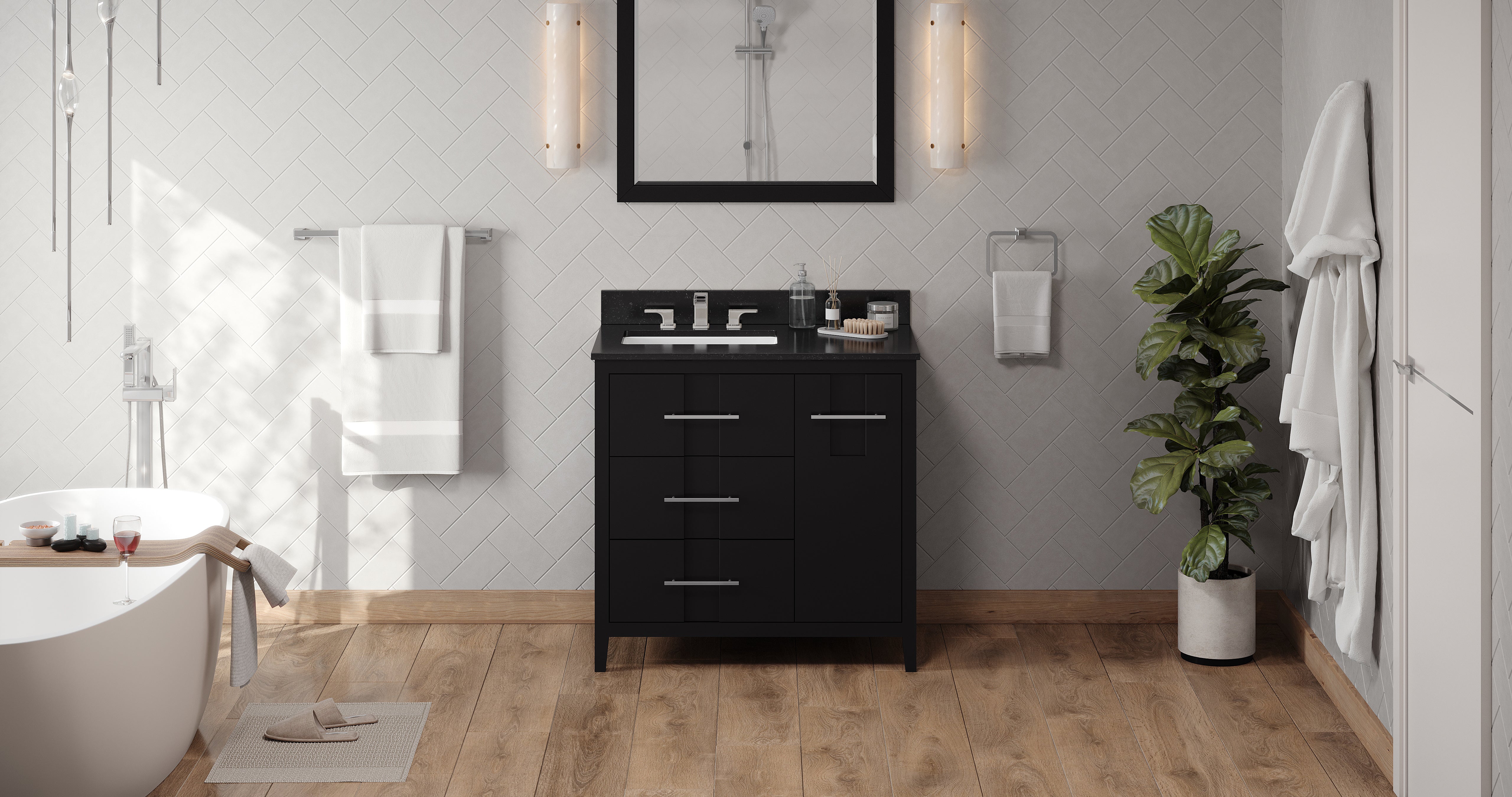 36" Black Katara Vanity, left offset, Black Granite Vanity Top, undermount rectangle bowl | KitchBath