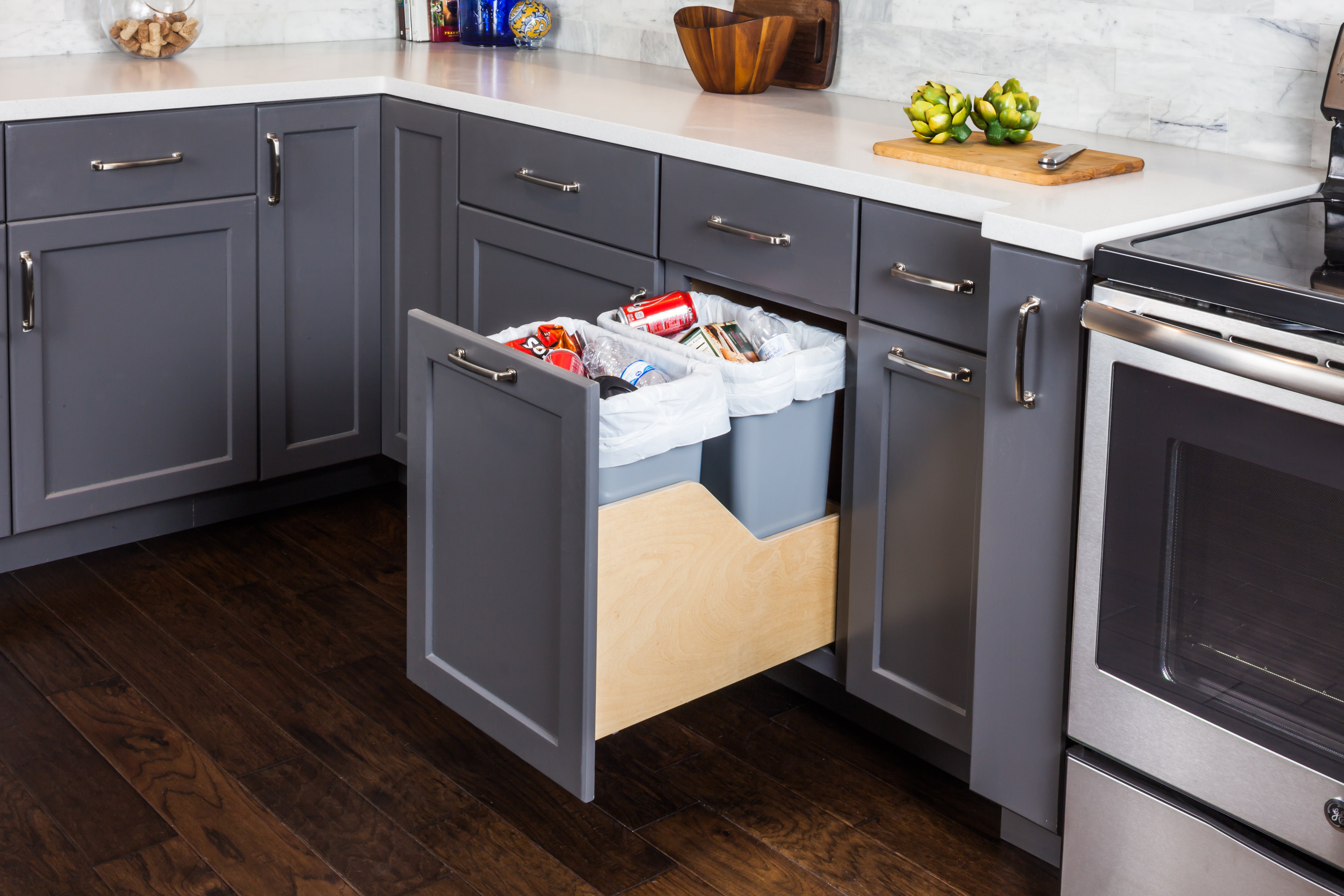 Double 35 Quart Wood Bottom-Mount Soft-close Trashcan Rollout for Door Mounting, Includes Two Grey Cans | KitchBath