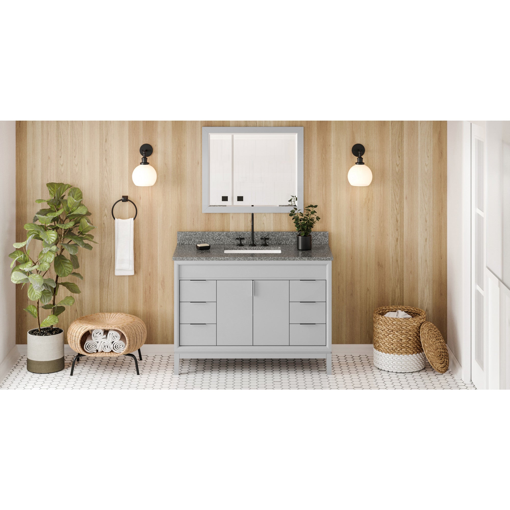 48" Grey Theodora Vanity, Boulder Cultured Marble Vanity Top, undermount rectangle bowl | KitchBath