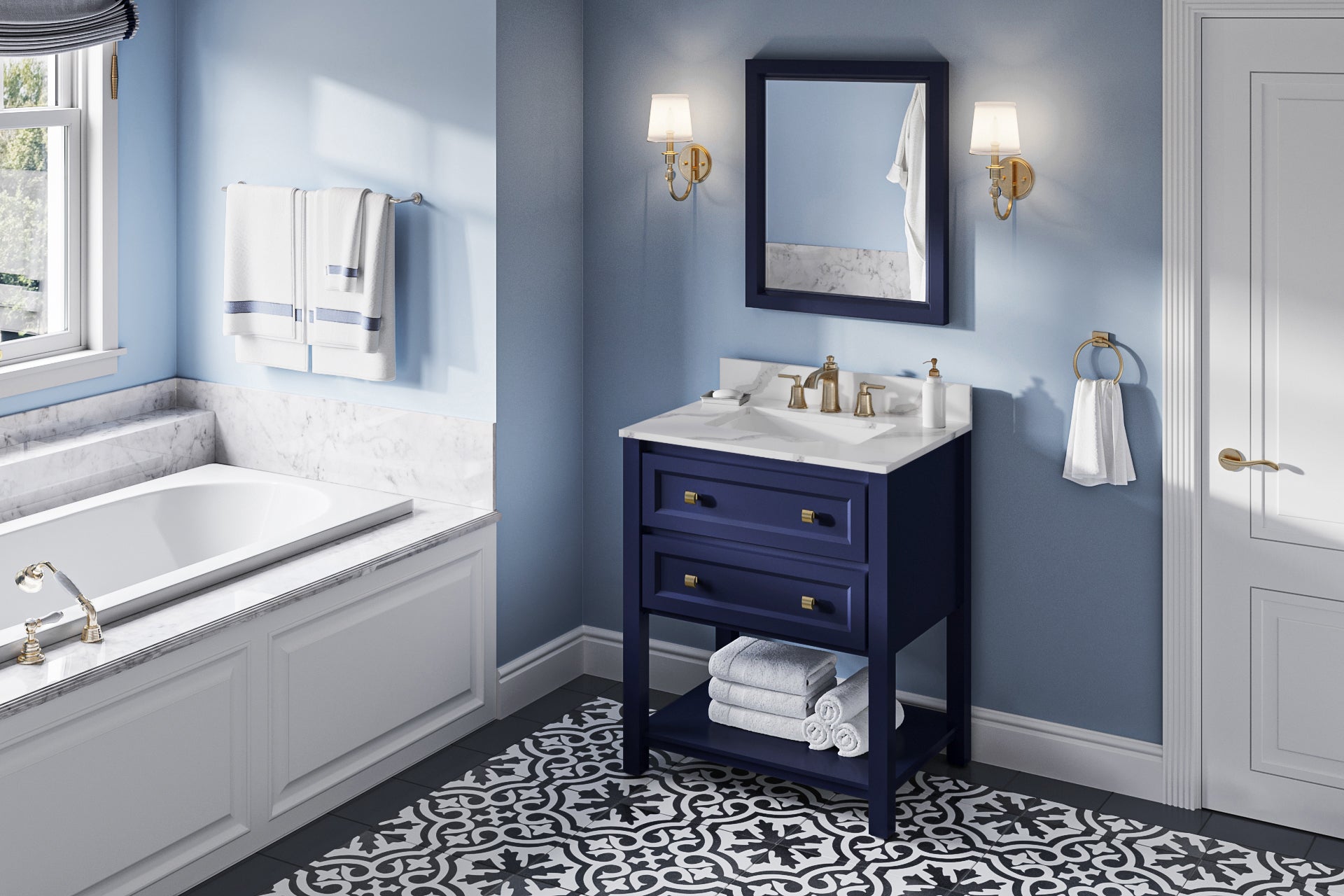 30" Hale Blue Adler Vanity, Calacatta Vienna Quartz Vanity Top, undermount rectangle bowl