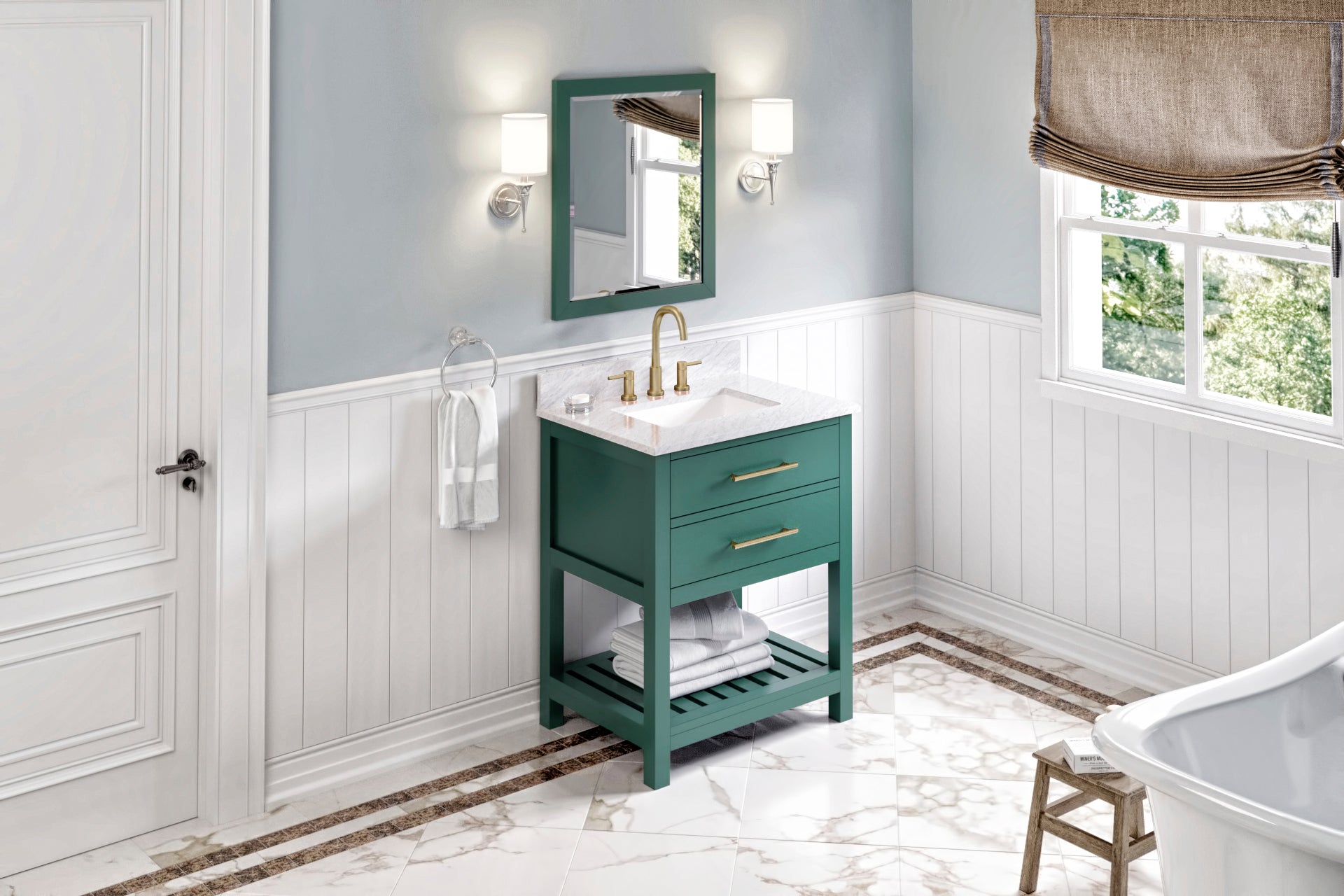 30" Forest Green Wavecrest Vanity, White Carrara Marble Vanity Top, undermount rectangle bowl