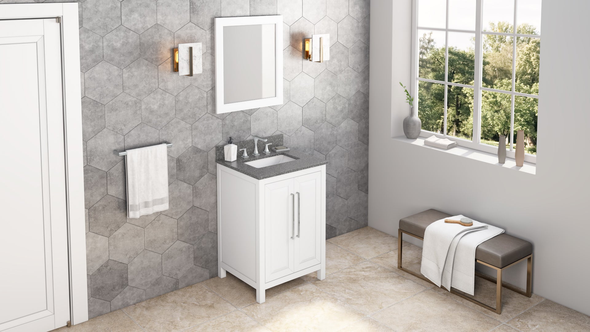 24" White Cade Vanity, Boulder Cultured Marble Vanity Top, undermount rectangle bowl