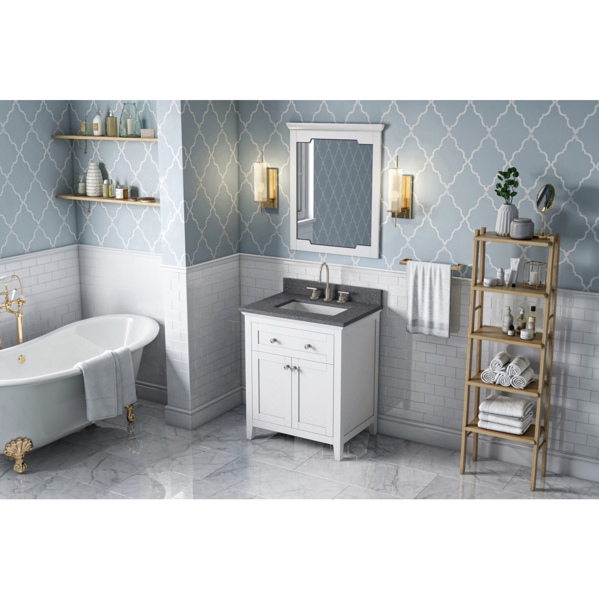 30" White Chatham Vanity, Boulder Cultured Marble Vanity Top, undermount rectangle bowl | KitchBath