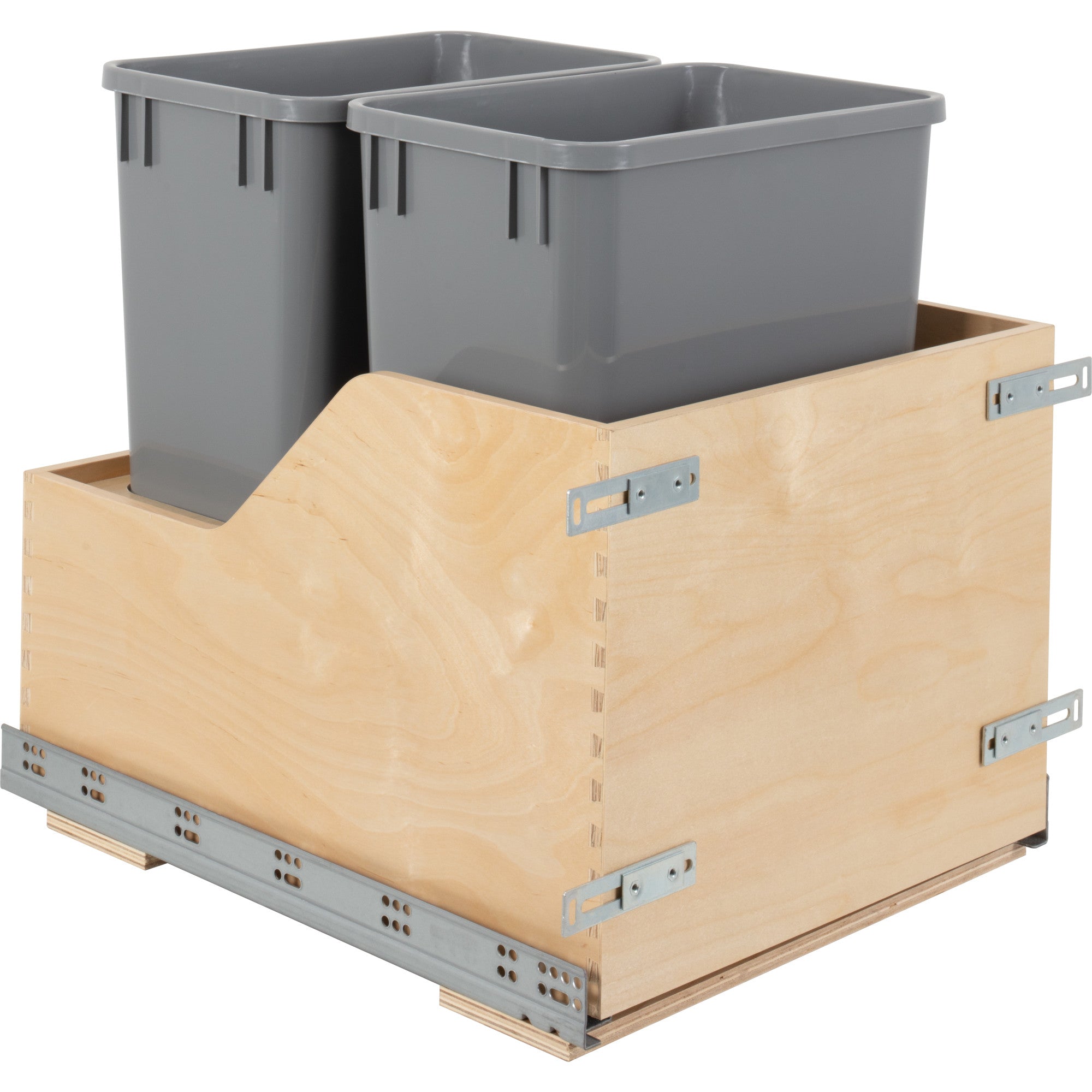 Double 35 Quart Wood Bottom-Mount Soft-close Trashcan Rollout for Door Mounting, Includes Two Grey Cans | KitchBath