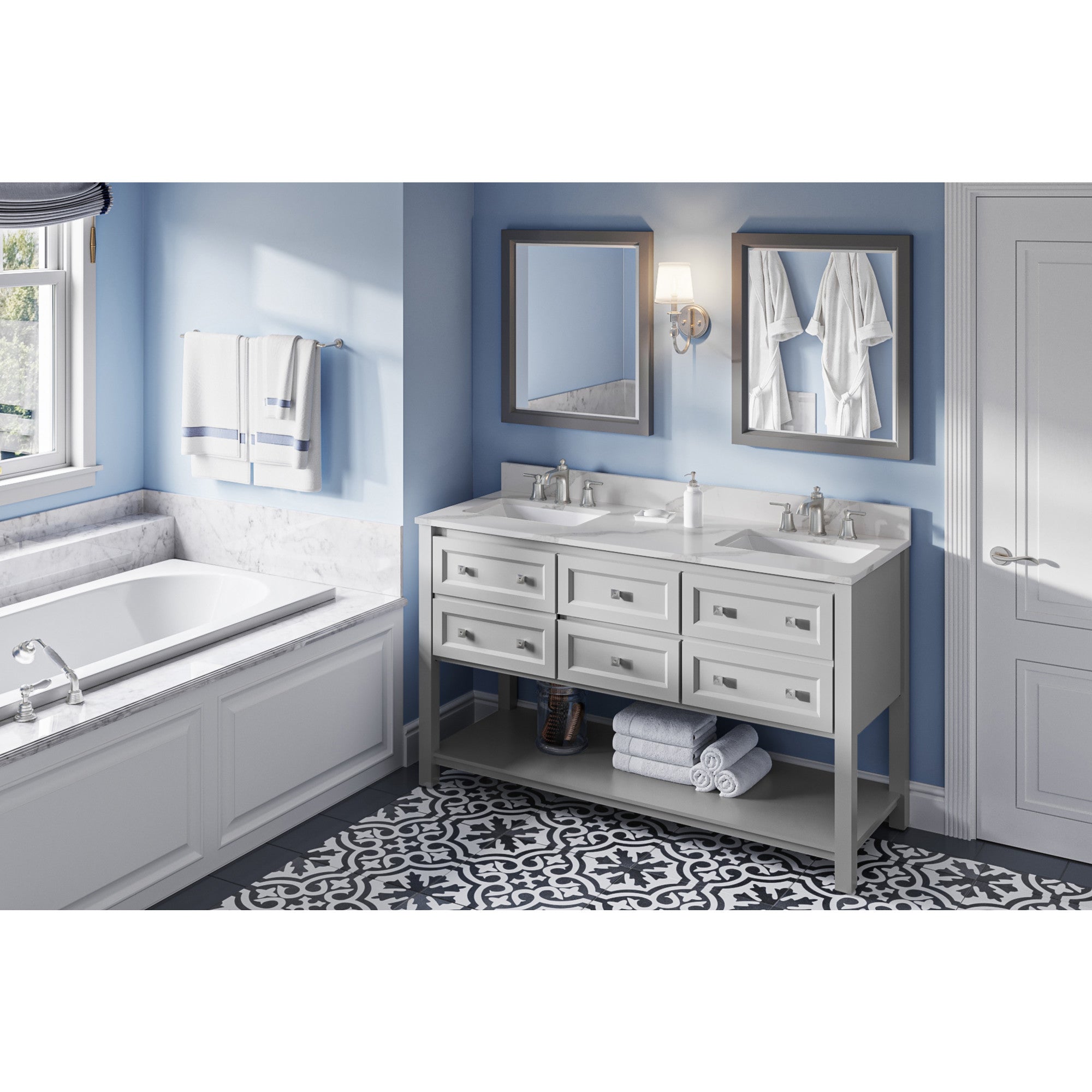 60" Grey Adler Vanity, double bowl, Calacatta Vienna Quartz Vanity Top, two undermount rectangle bowls | KitchBath