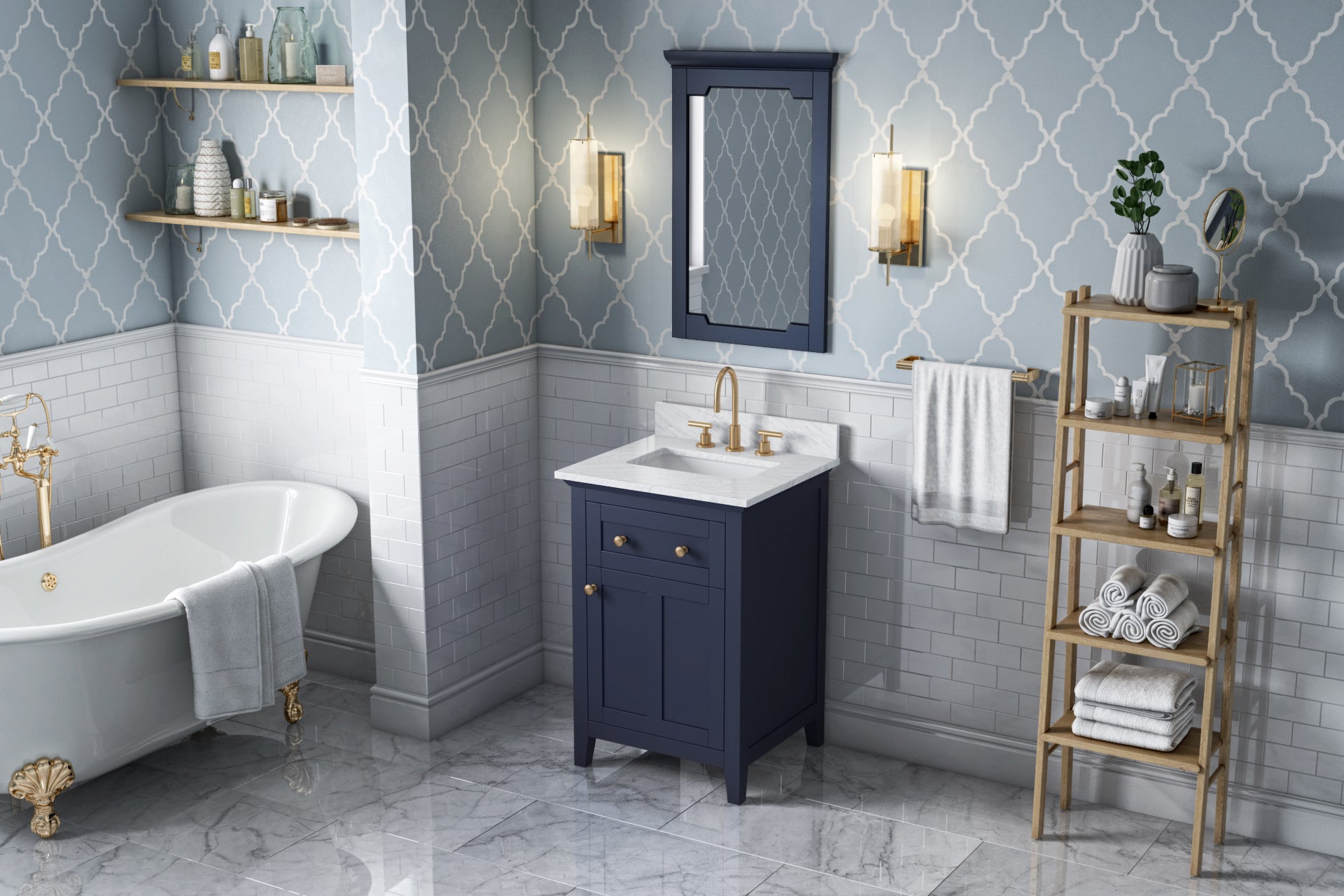 24" Hale Blue Chatham Vanity, White Carrara Marble Vanity Top, undermount rectangle bowl