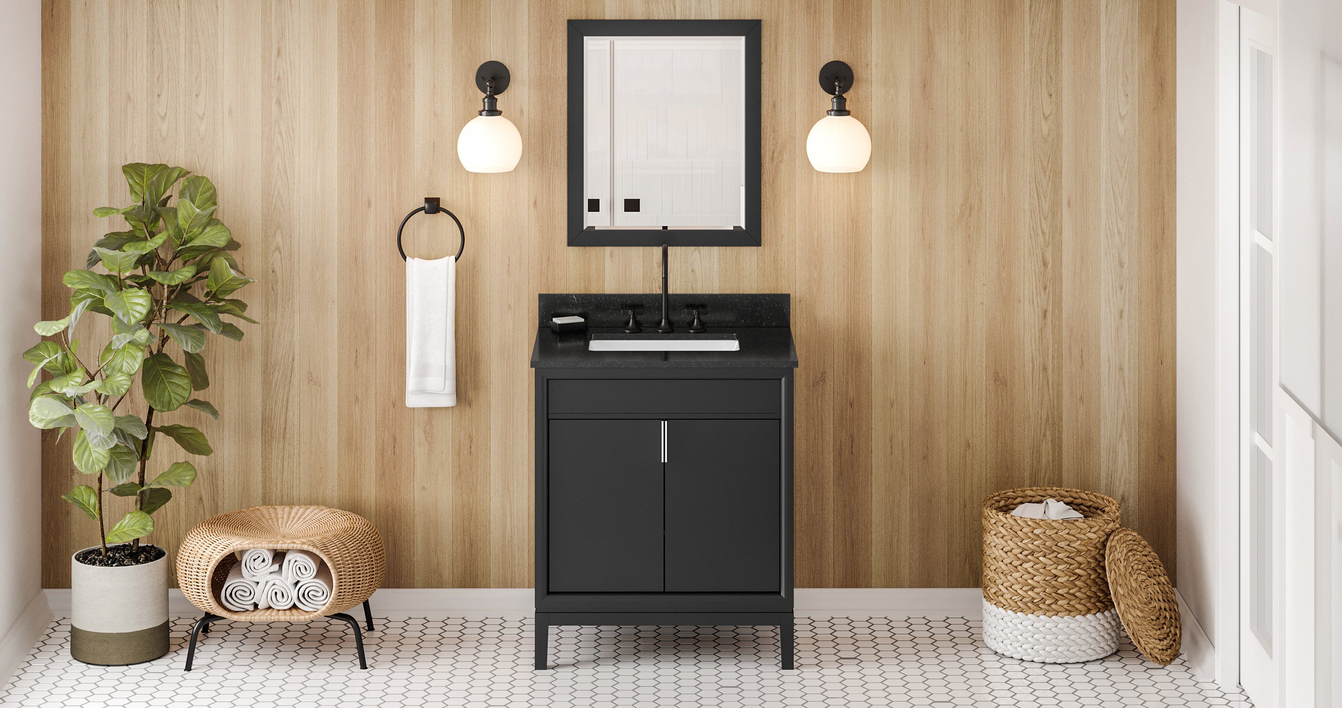 30" Black Theodora Vanity, Black Granite Vanity Top, undermount rectangle bowl | KitchBath
