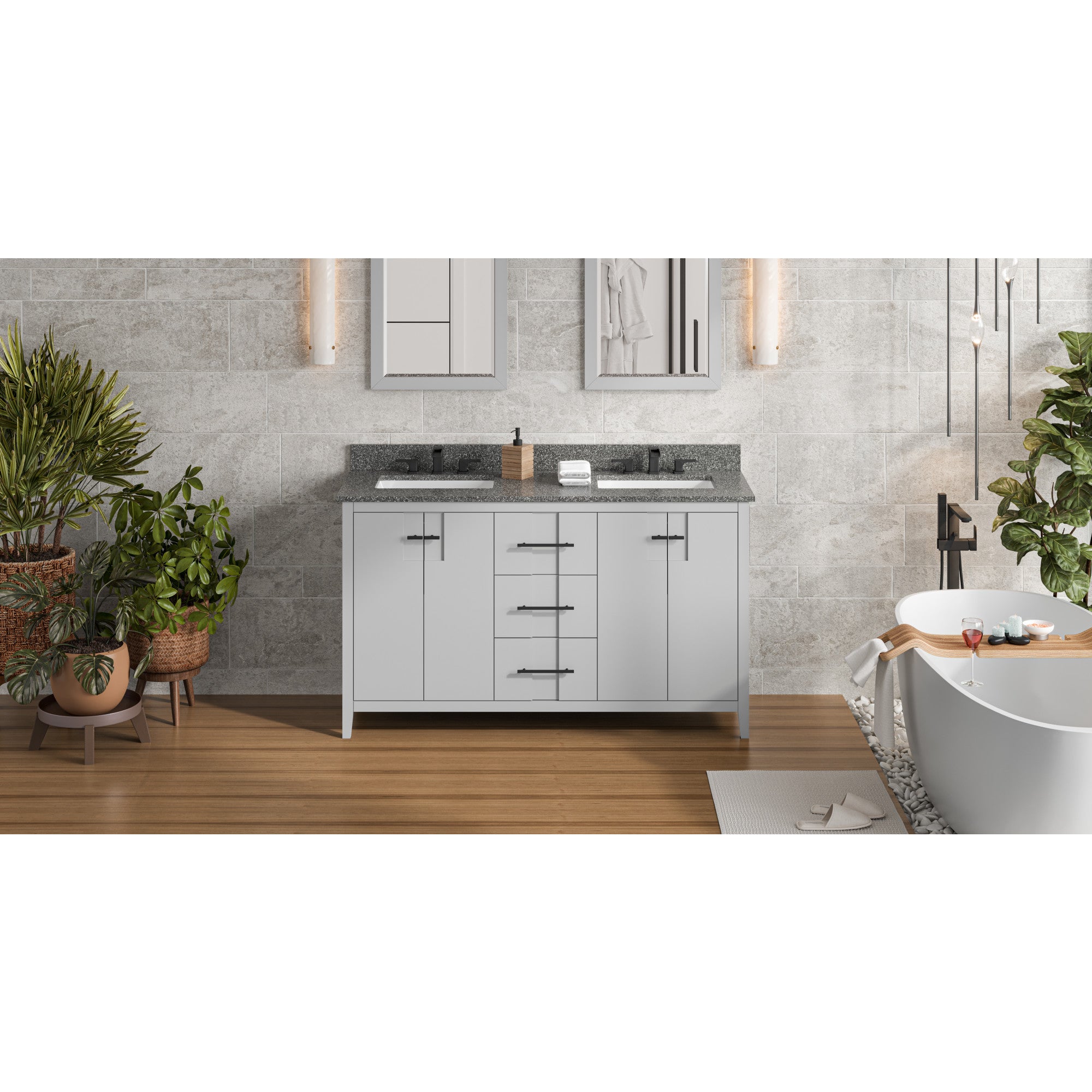 60" Grey Katara Vanity, double bowl, Boulder Cultured Marble Vanity Top, two undermount rectangle bowls | KitchBath