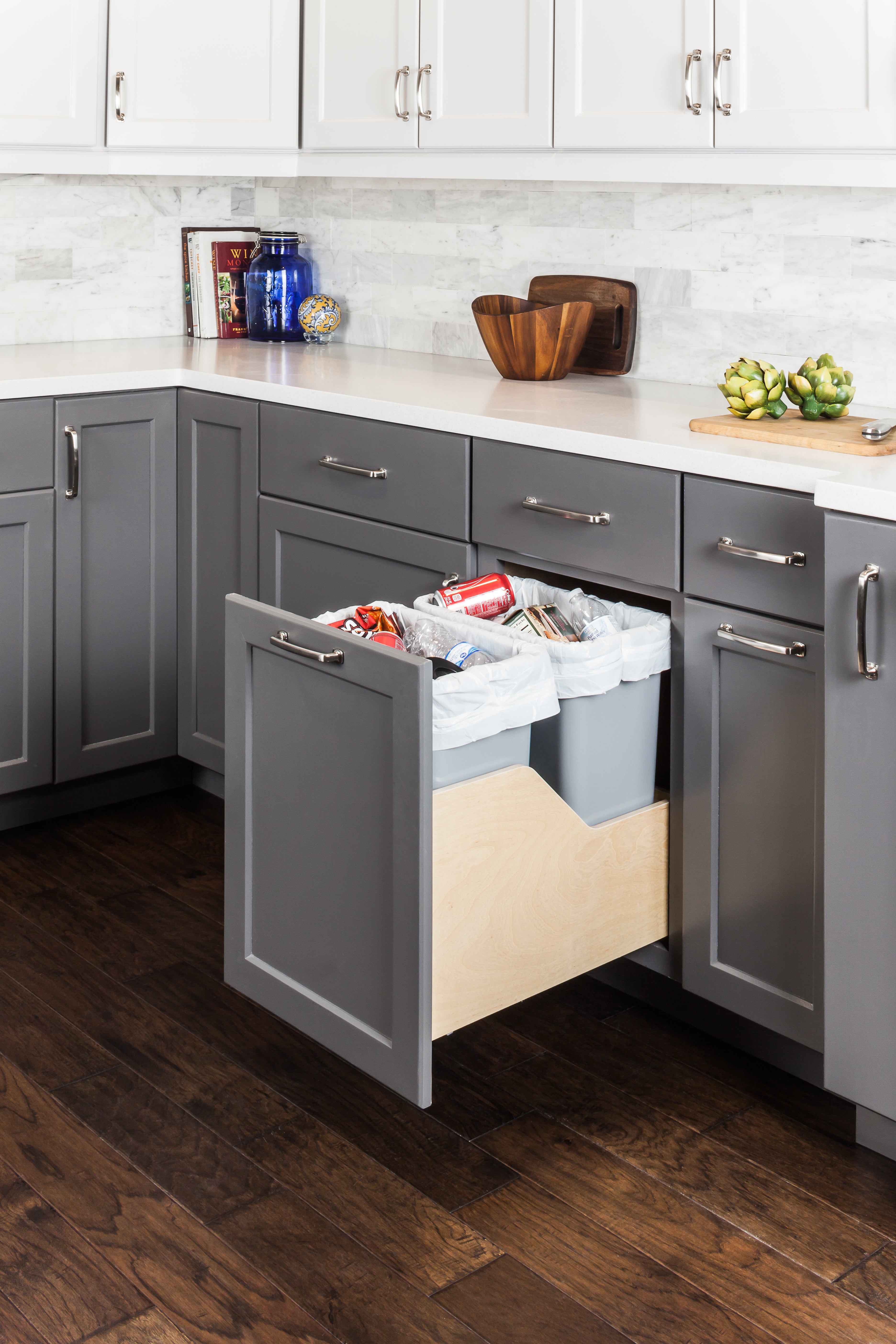 Double 35 Quart Wood Bottom-Mount Soft-close Trashcan Rollout for Door Mounting, Includes Two Grey Cans | KitchBath