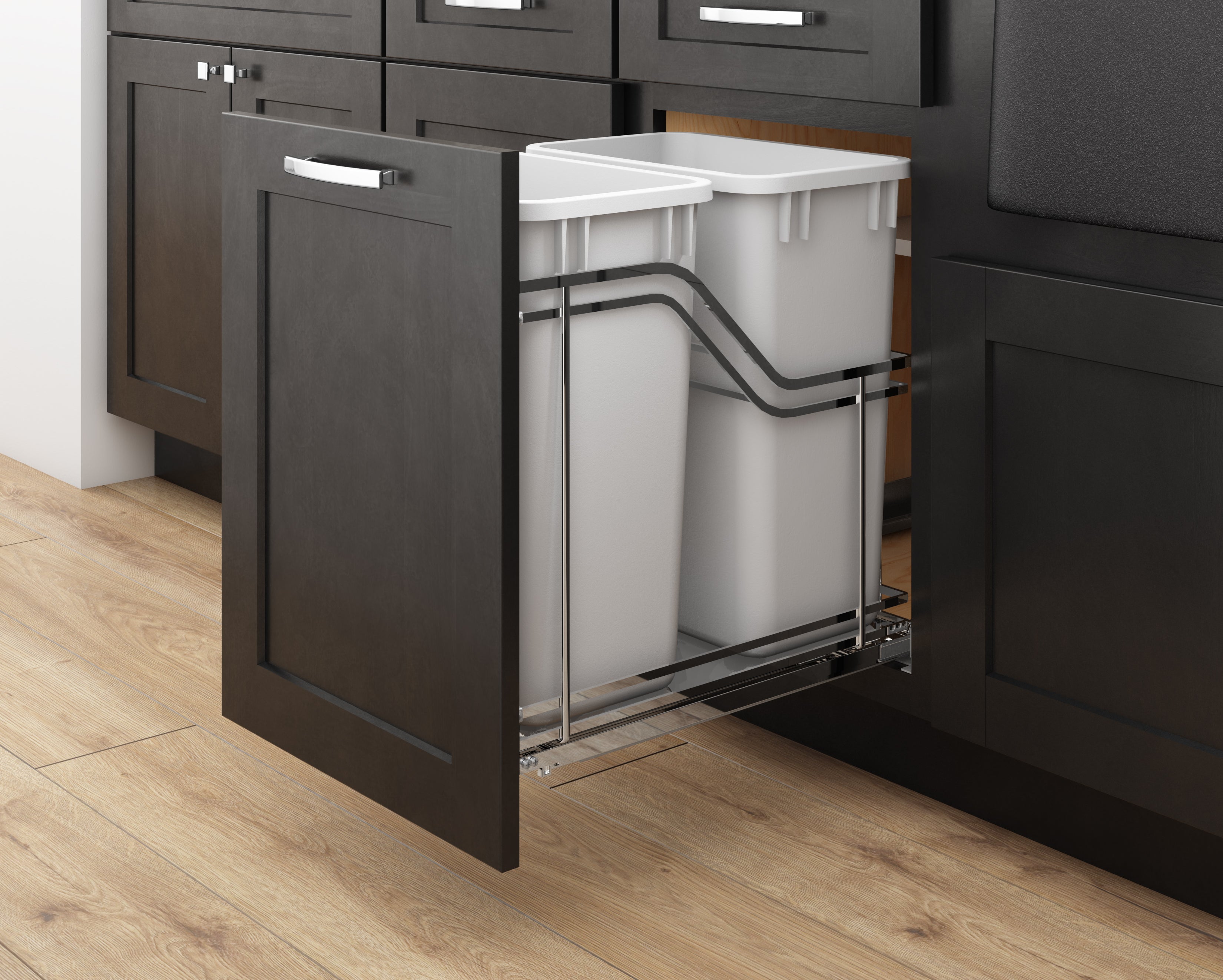 Double 35 Quart Polished Chrome STORAGE WITH STYLE® Metal Soft-close Trashcan Pullout | KitchBath