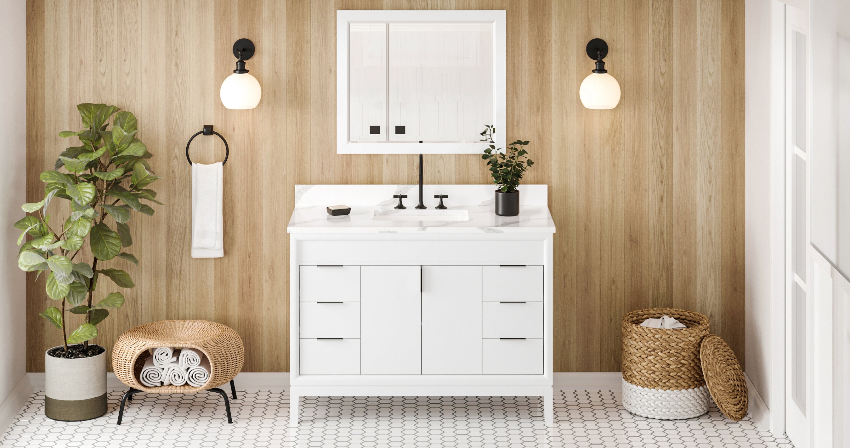 48" White Theodora Vanity, Calacatta Vienna Quartz Vanity Top, undermount rectangle bowl | KitchBath