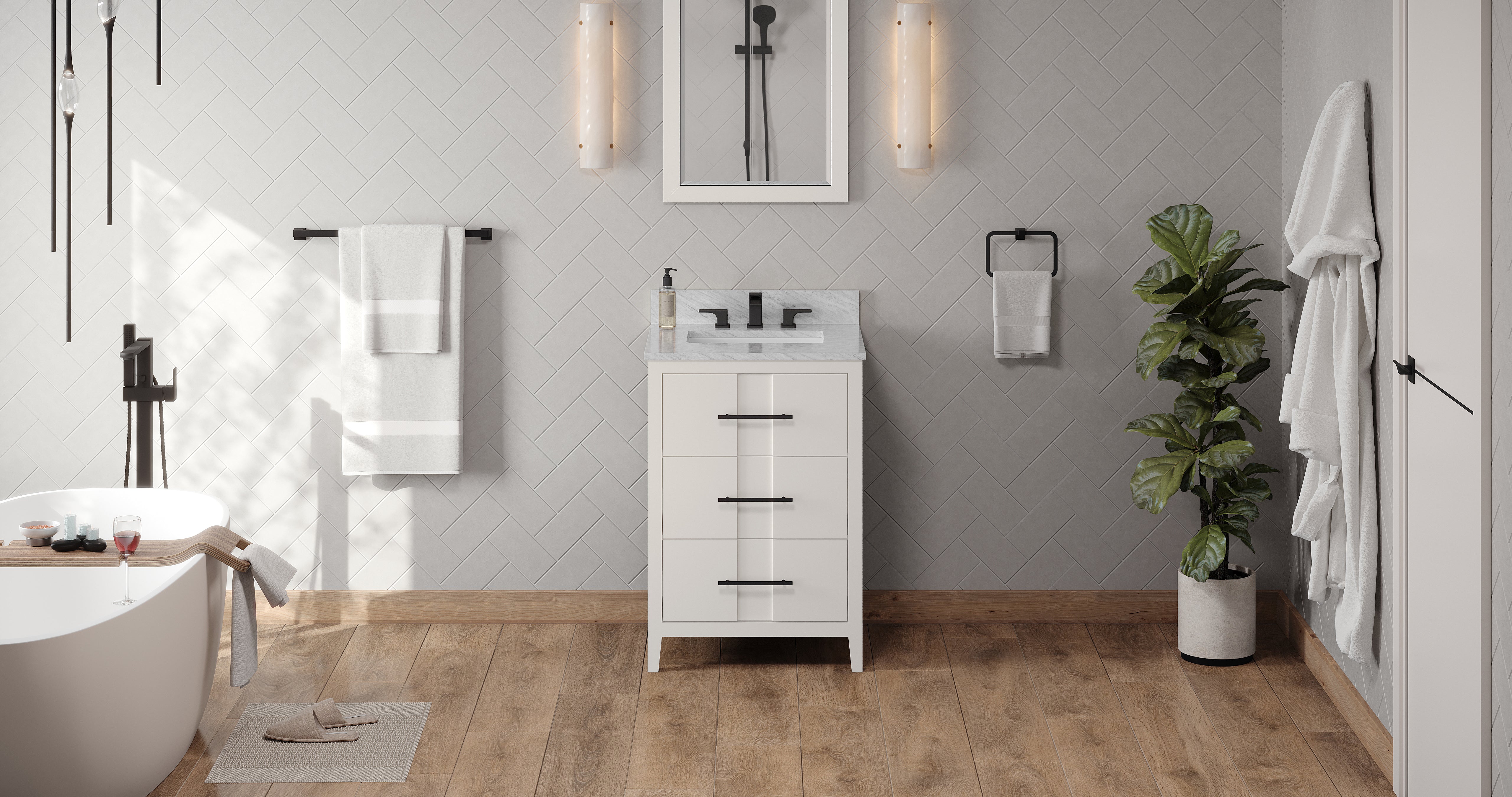 24" White Katara Vanity, White Carrara Marble Vanity Top, undermount rectangle bowl | KitchBath