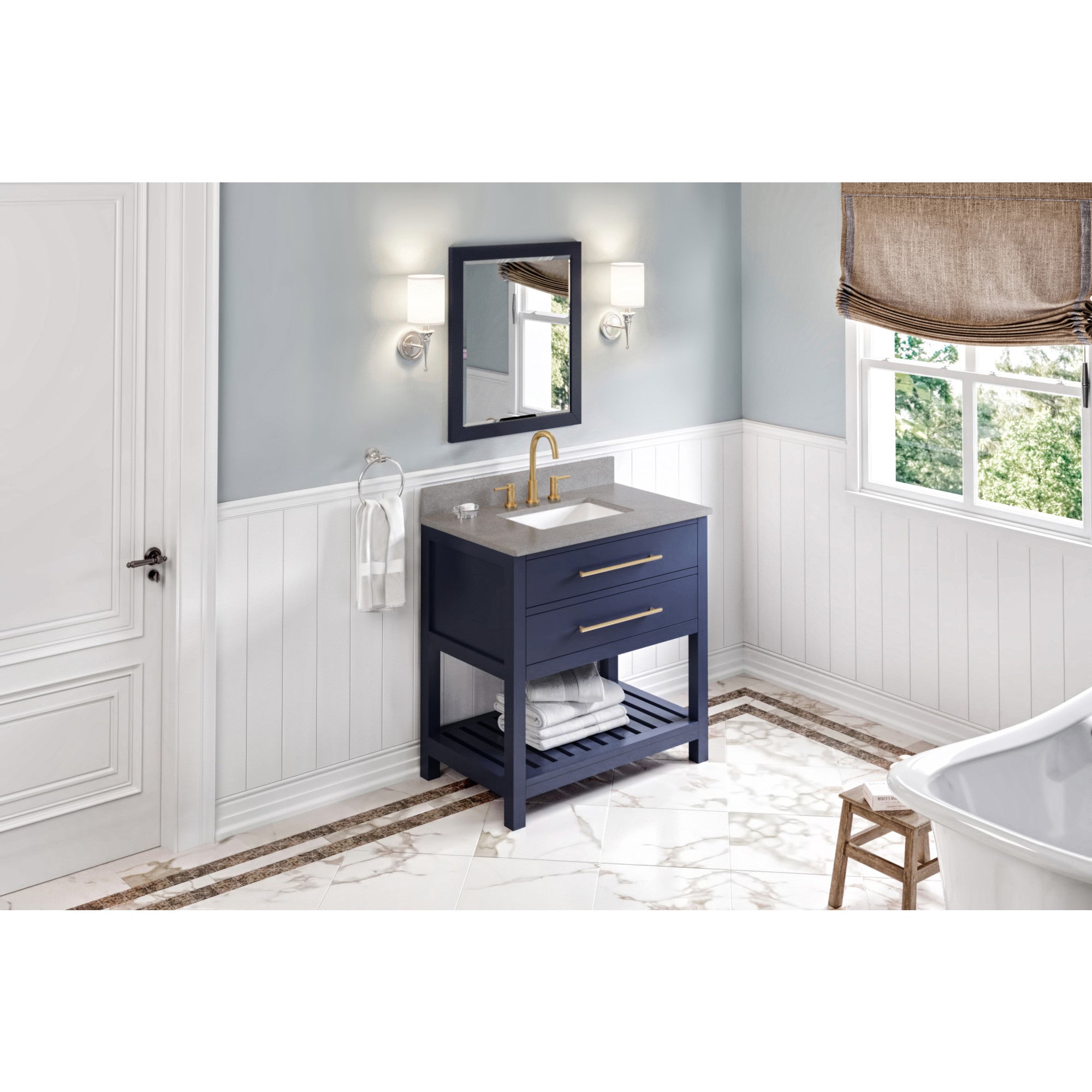 36" Hale Blue Wavecrest Vanity, Steel Grey Cultured Marble Vanity Top, undermount rectangle bowl | KitchBath