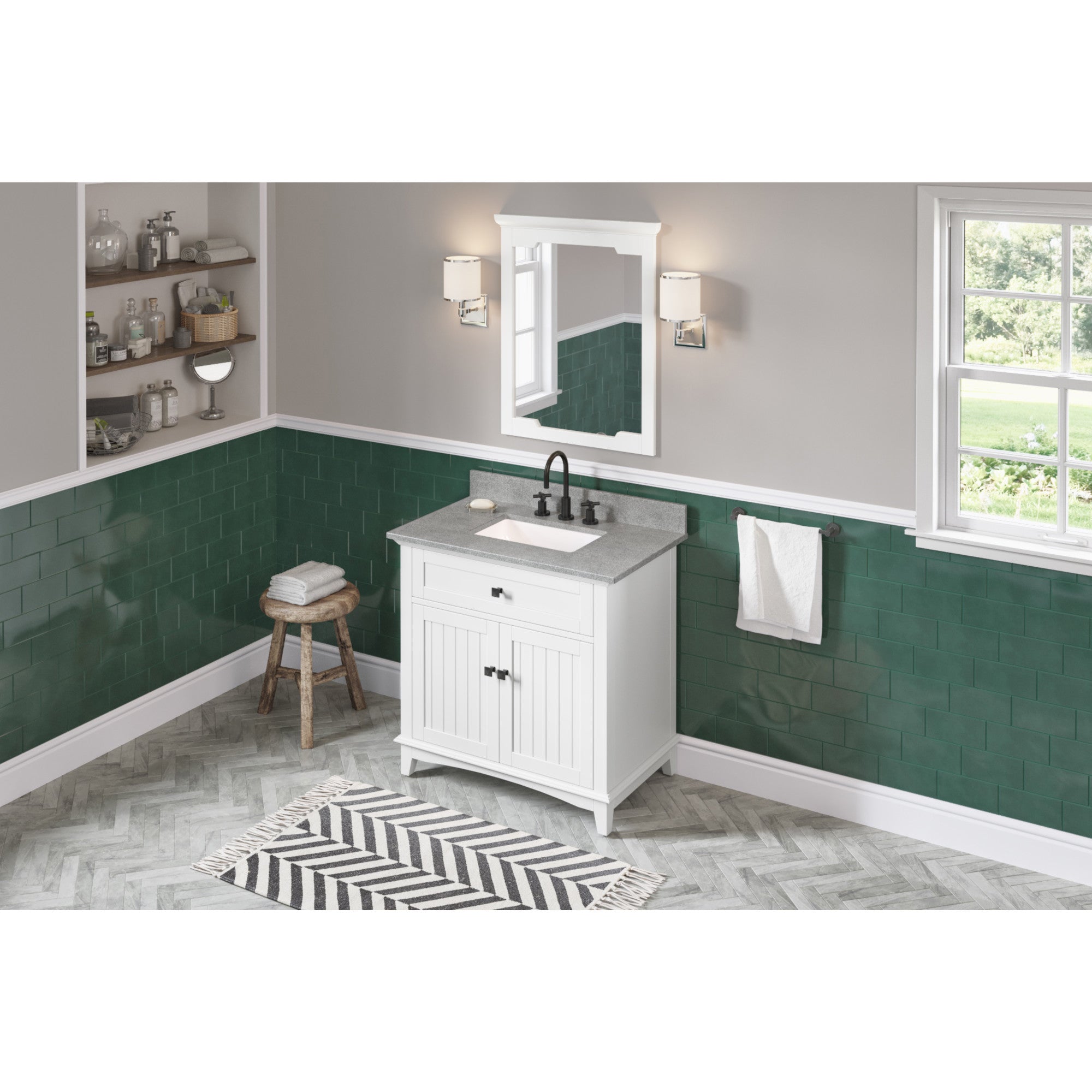 36" White Savino Vanity, Steel Grey Cultured Marble Vanity Top, undermount rectangle bowl | KitchBath