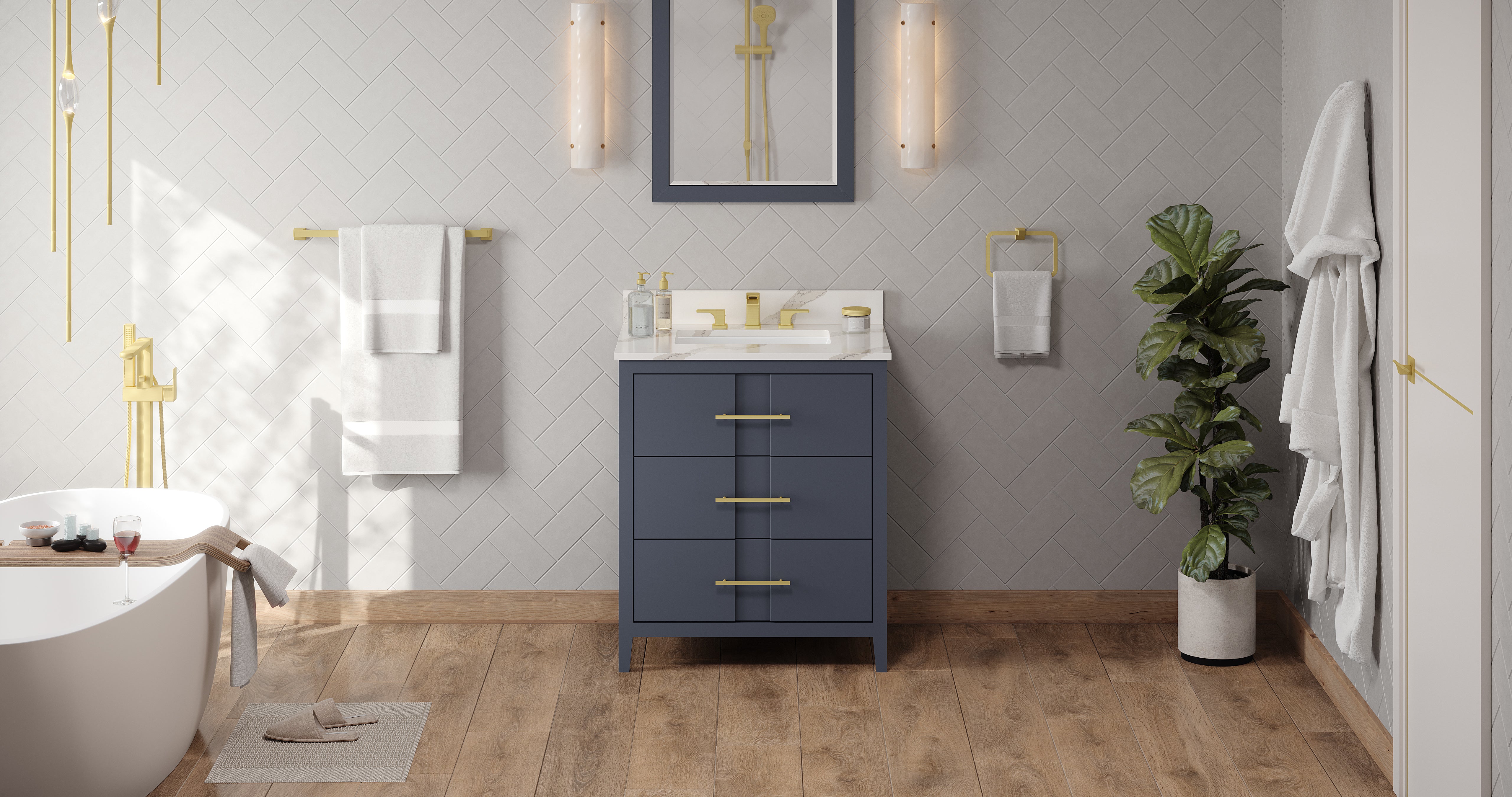30" Blue Steel Katara Vanity, Calacatta Vienna Quartz Vanity Top, undermount rectangle bowl | KitchBath
