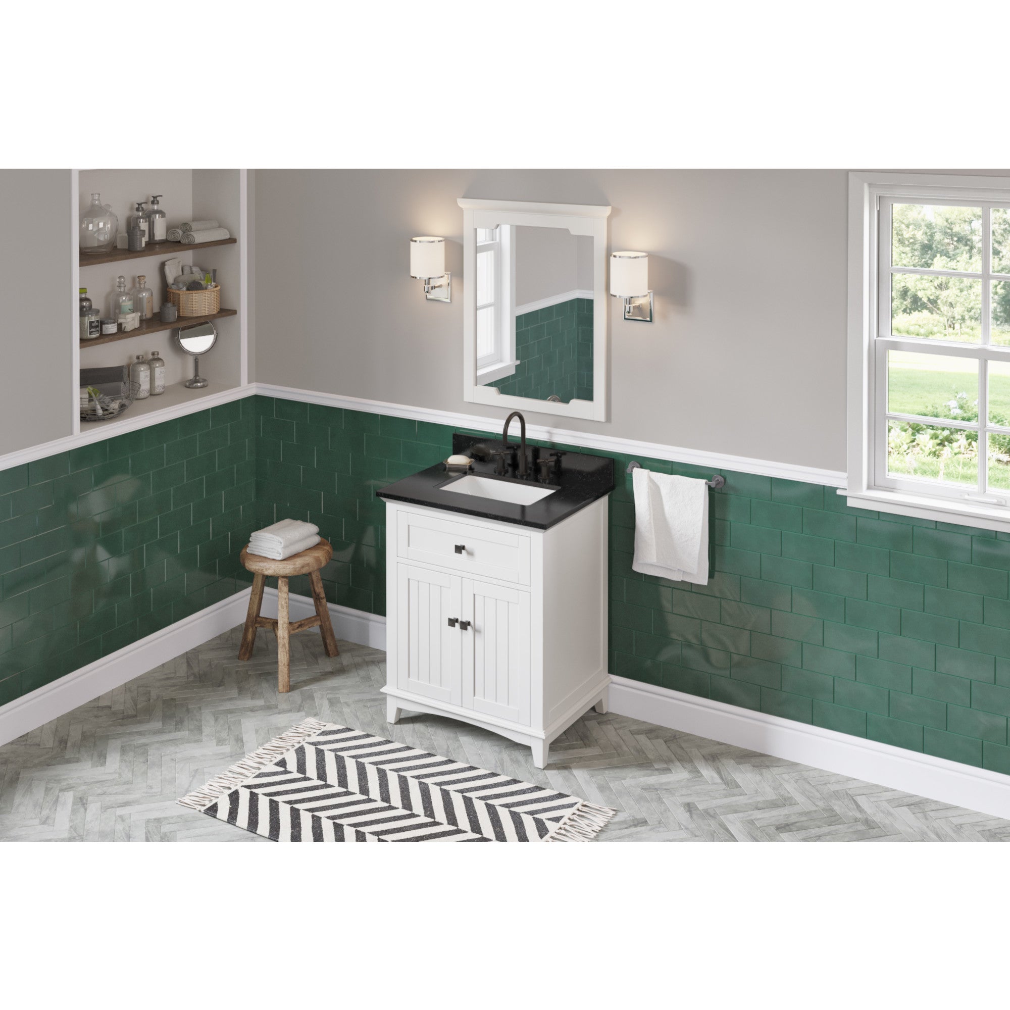 30" White Savino Vanity, Black Granite Vanity Top, undermount rectangle bowl | KitchBath