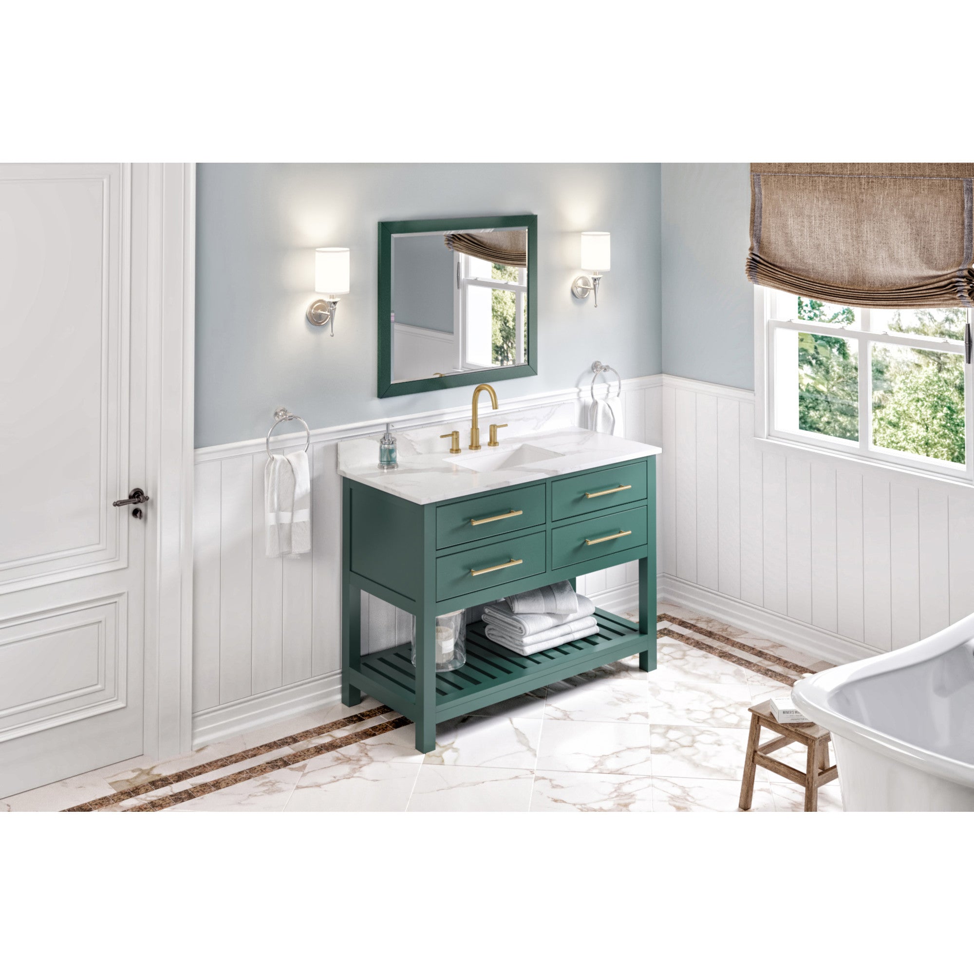 48" Forest Green Wavecrest Vanity, Calacatta Vienna Quartz Vanity Top, undermount rectangle bowl | KitchBath