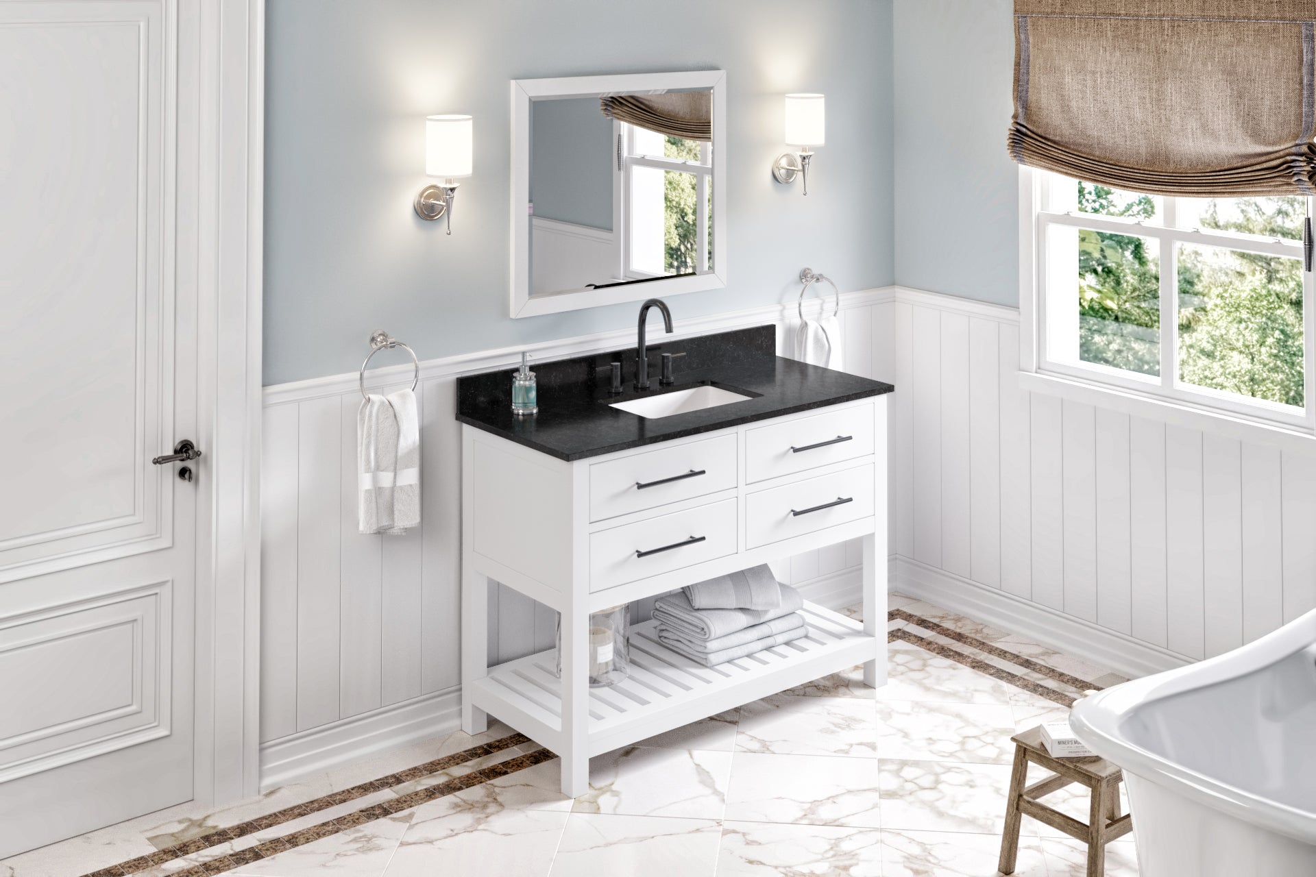 48" White Wavecrest Vanity, Black Granite Vanity Top, undermount rectangle bowl