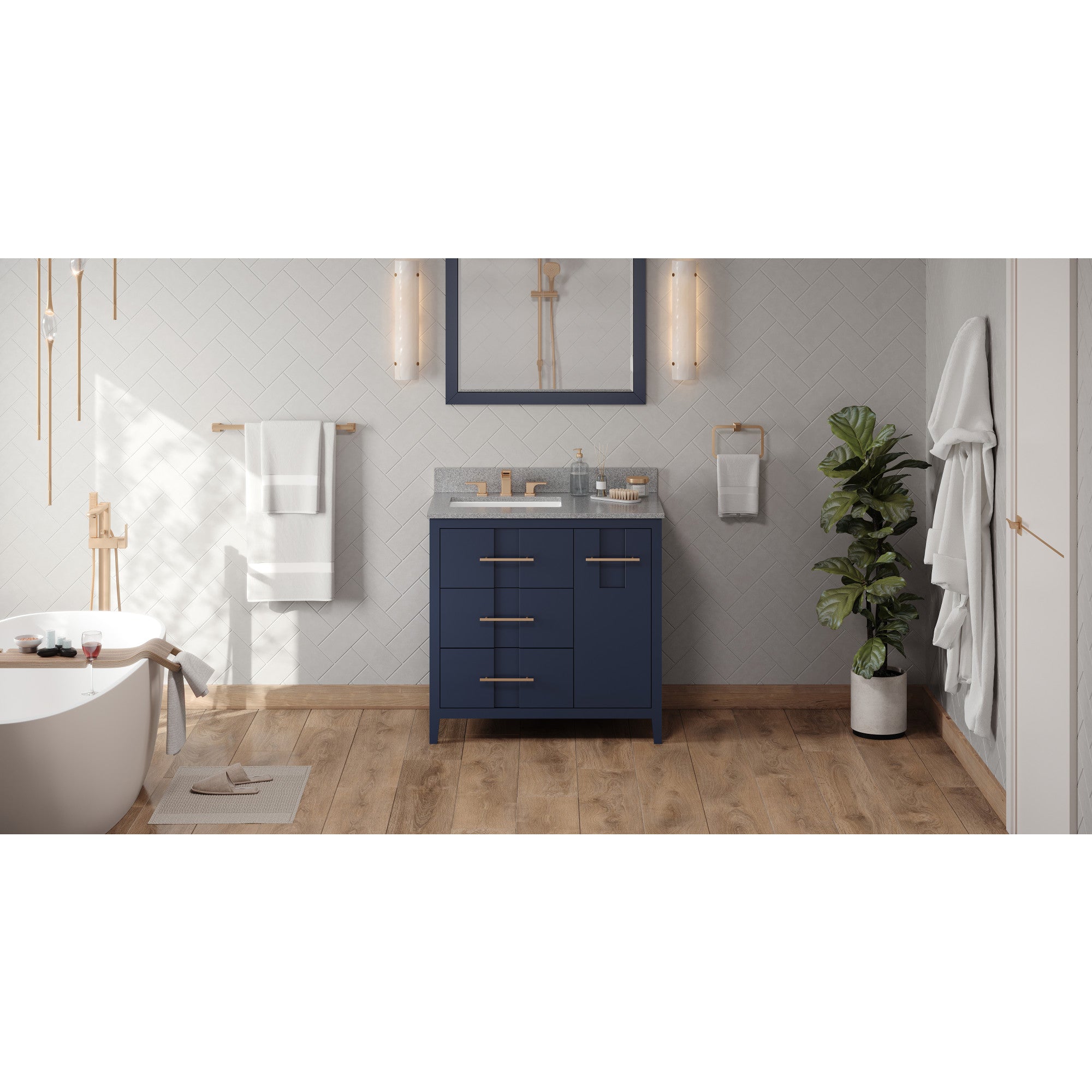 36" Hale Blue Katara Vanity, left offset, Steel Grey Cultured Marble Vanity Top, undermount rectangle bowl | KitchBath