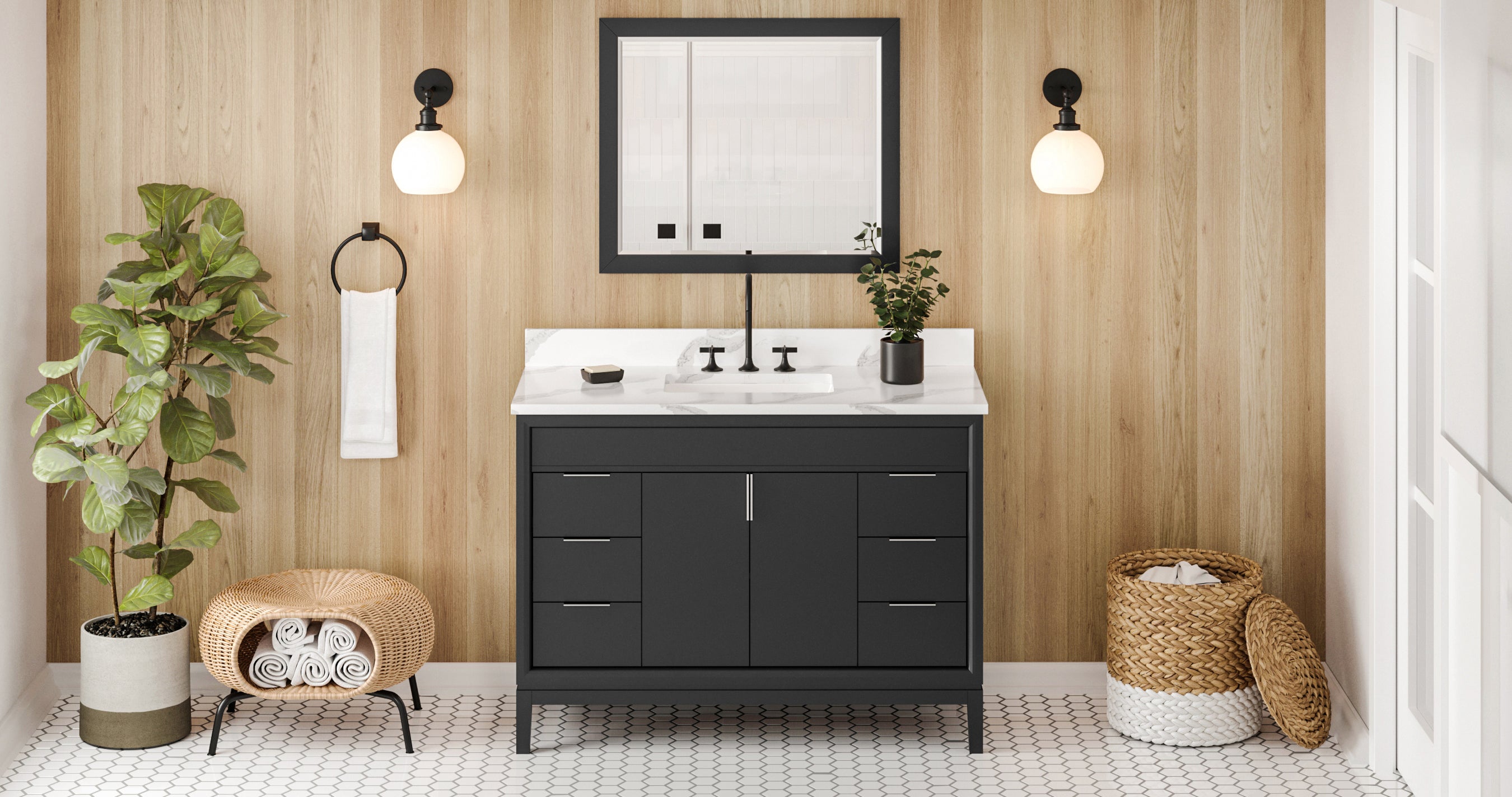 48" Black Theodora Vanity, Calacatta Vienna Quartz Vanity Top, undermount rectangle bowl | KitchBath