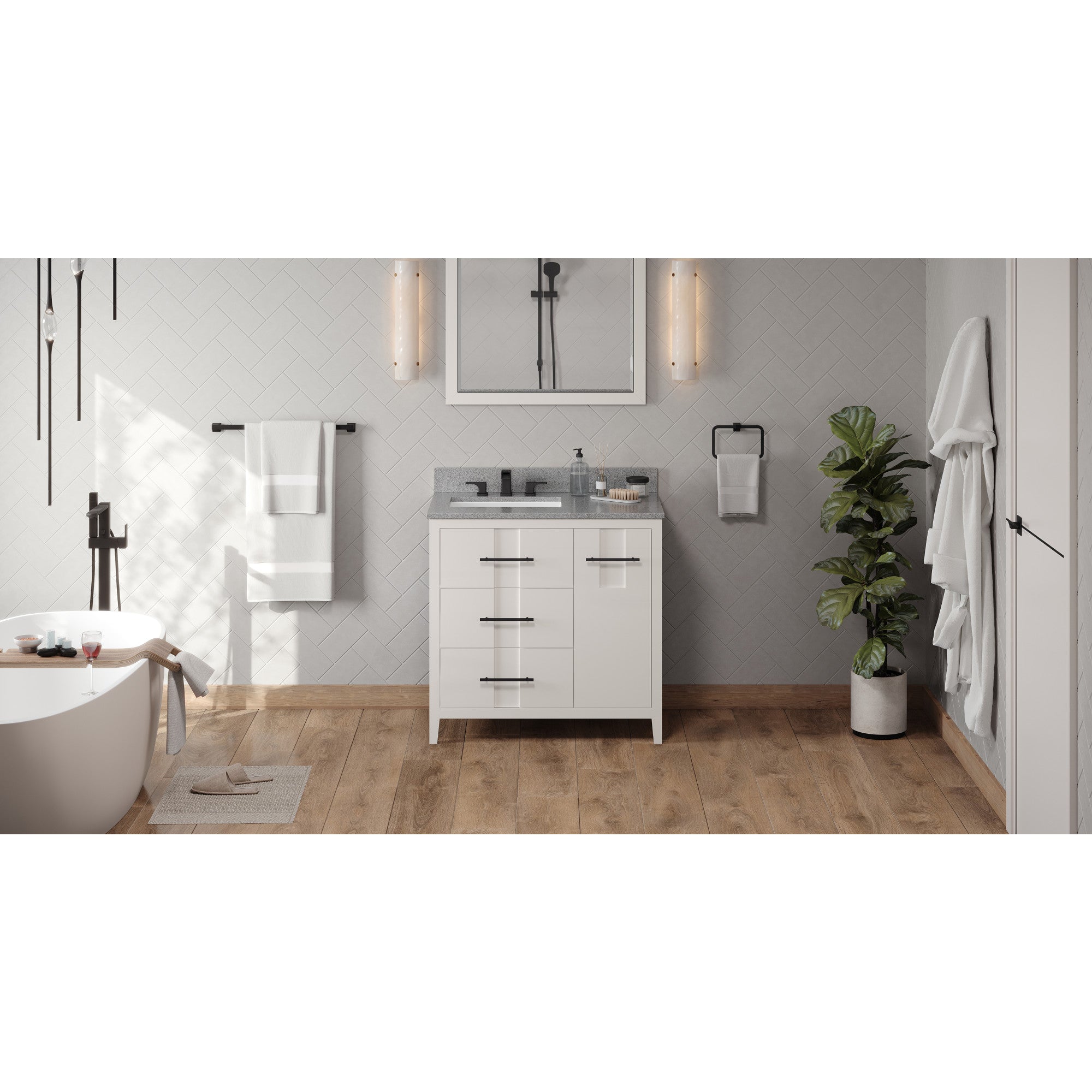 36" White Katara Vanity, left offset, Steel Grey Cultured Marble Vanity Top, undermount rectangle bowl | KitchBath