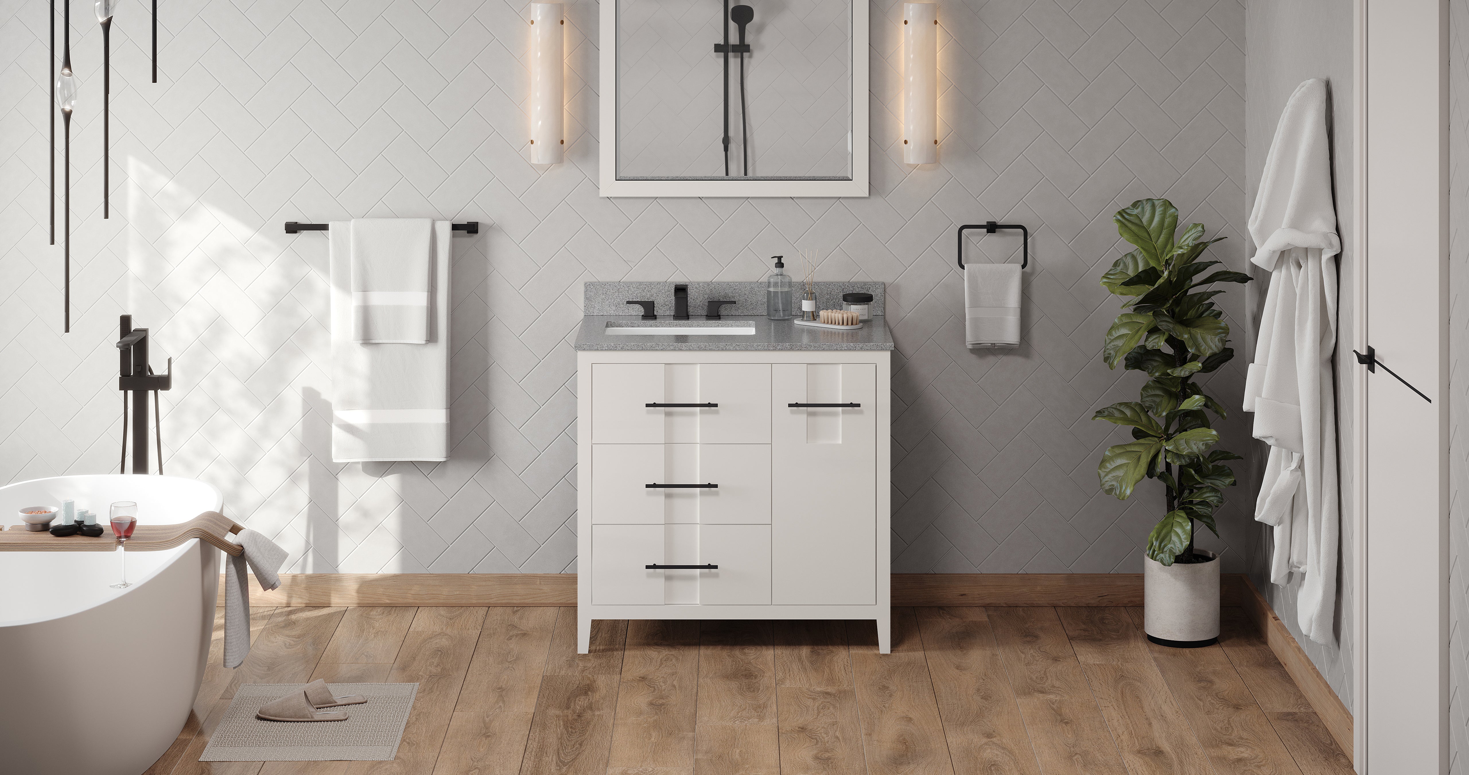 36" White Katara Vanity, left offset, Steel Grey Cultured Marble Vanity Top, undermount rectangle bowl | KitchBath