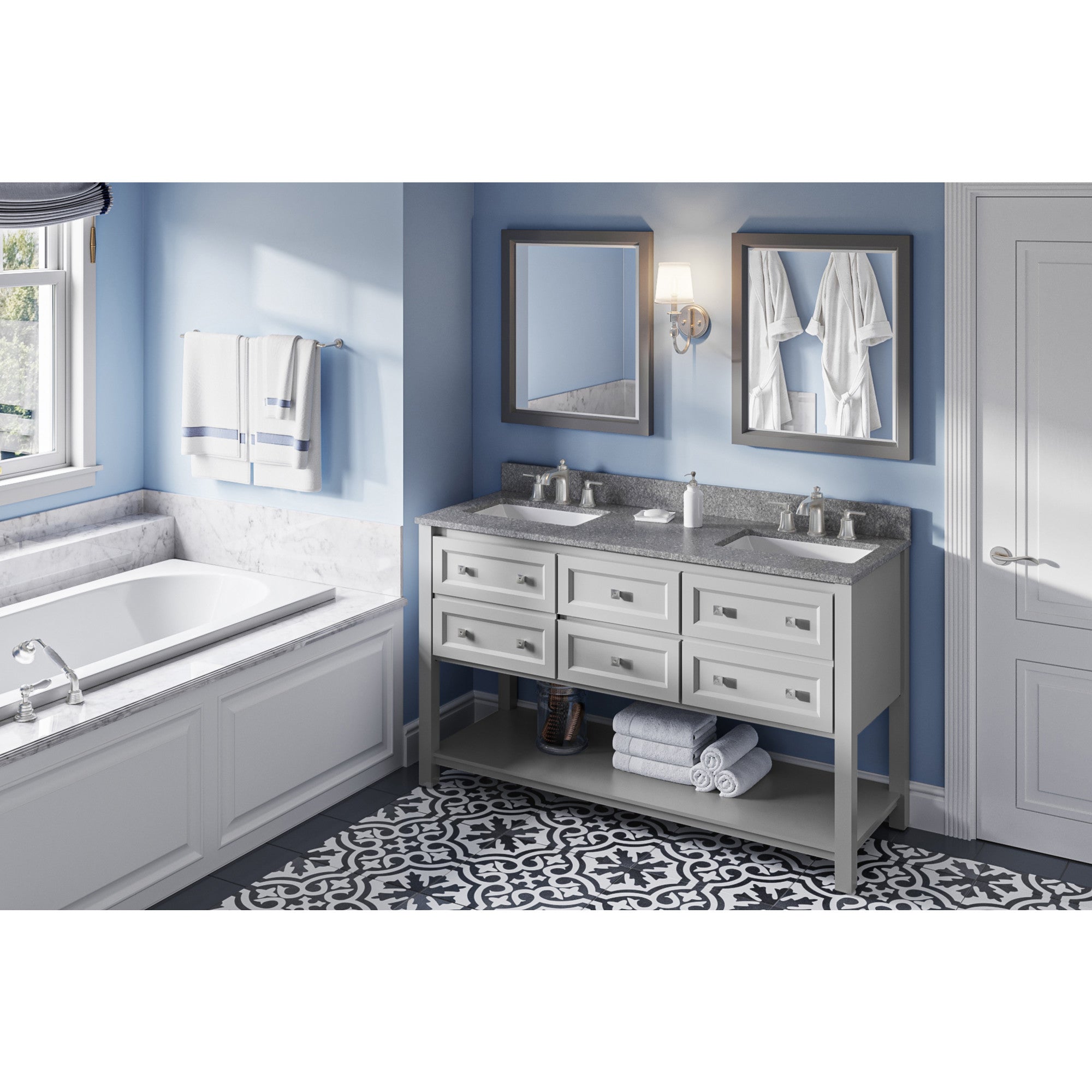 60" Grey Adler Vanity, double bowl, Boulder Cultured Marble Vanity Top, two undermount rectangle bowls | KitchBath