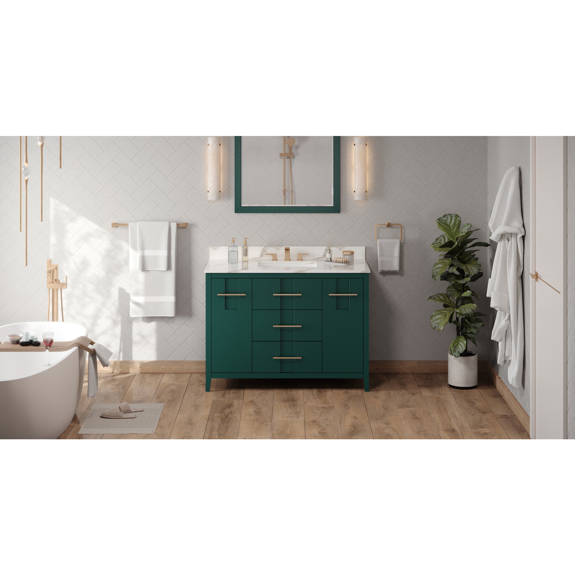 48" Forest Green Katara Vanity, Calacatta Vienna Quartz Vanity Top, undermount rectangle bowl | KitchBath