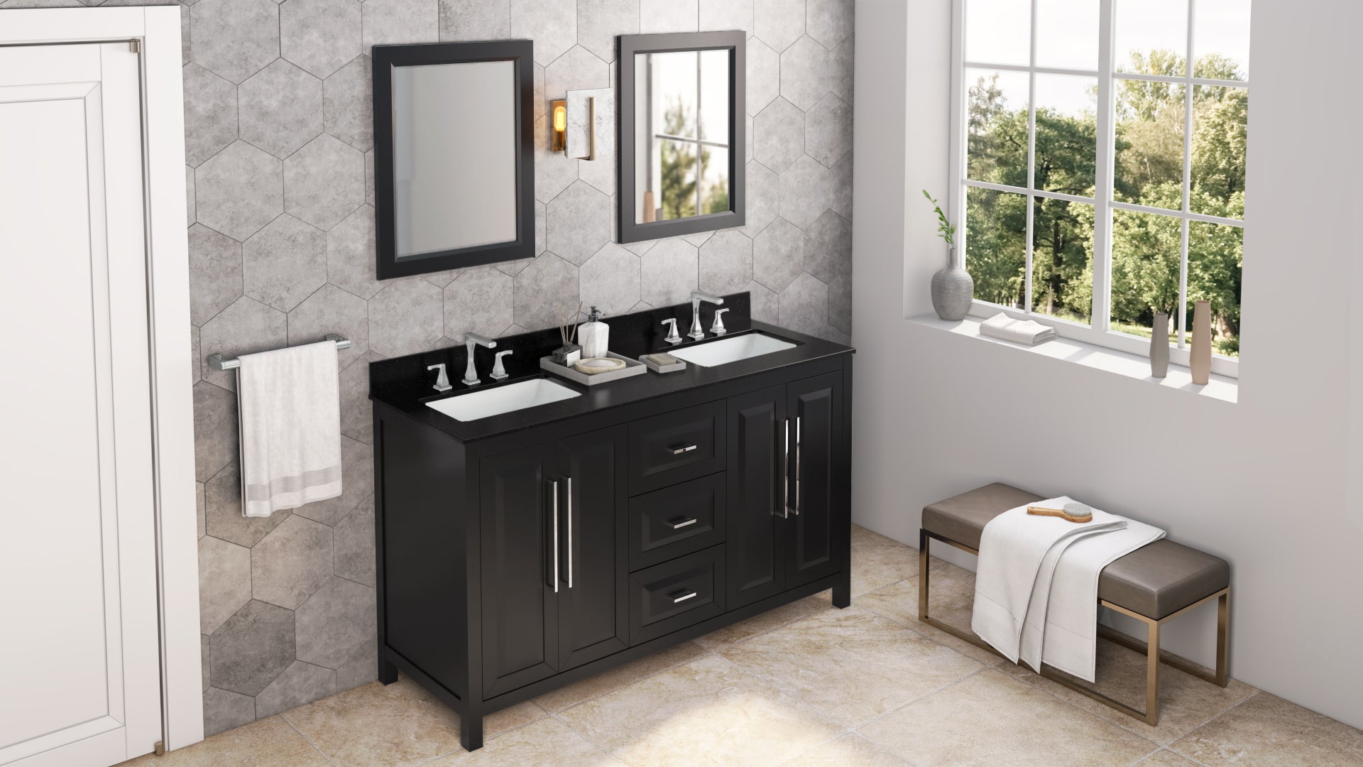 60" Black Cade Vanity, double bowl, Black Granite Vanity Top, two undermount rectangle bowls