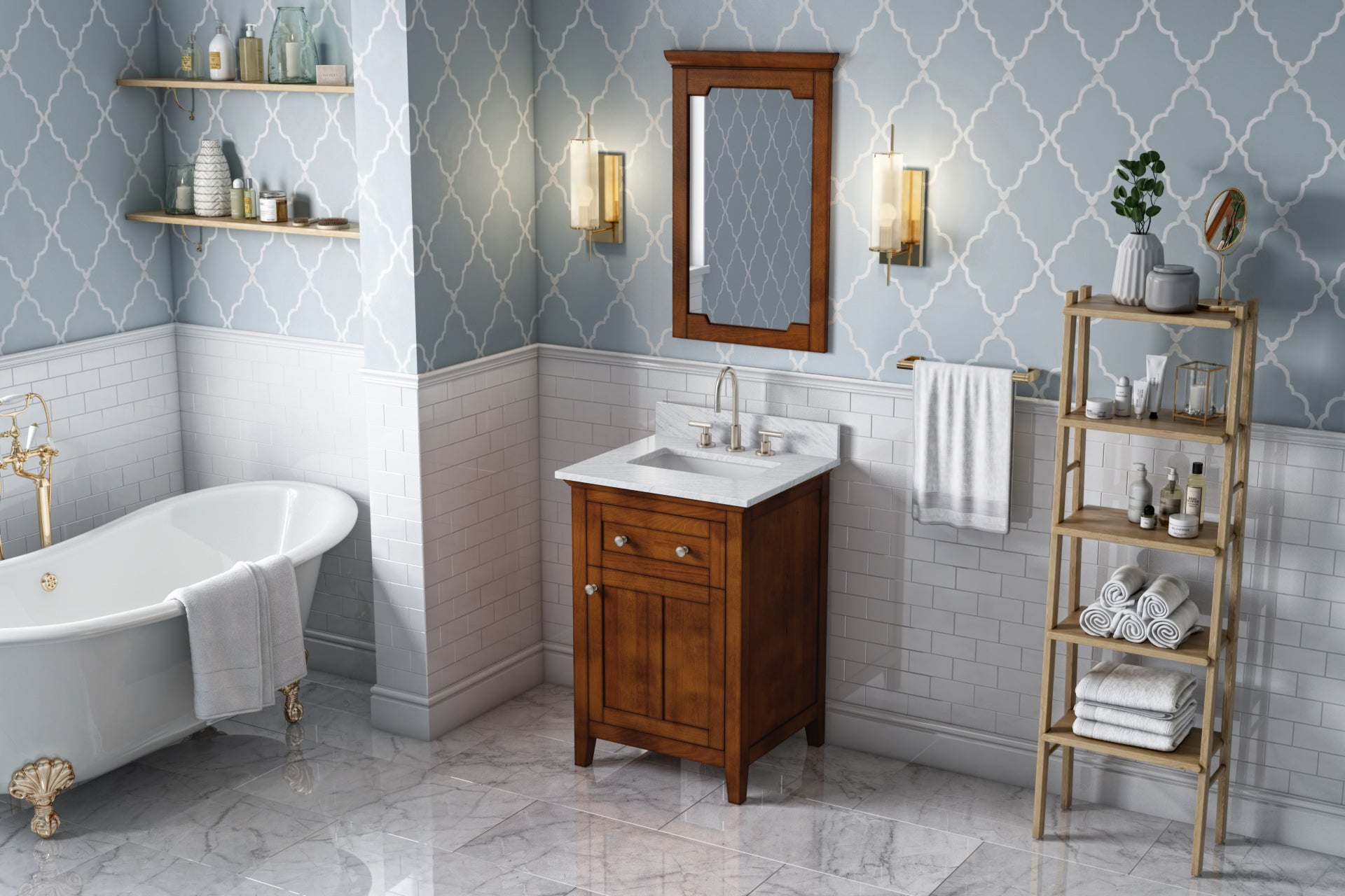 24" Chocolate Chatham Vanity, White Carrara Marble Vanity Top, undermount rectangle bowl