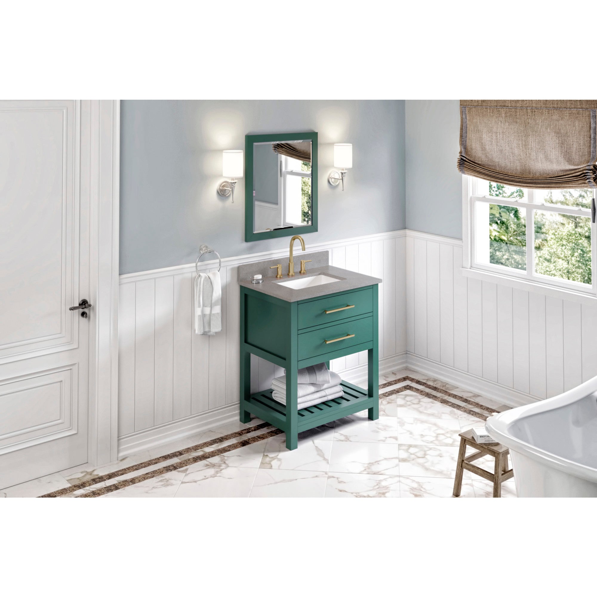 30" Forest Green Wavecrest Vanity, Steel Grey Cultured Marble Vanity Top, undermount rectangle bowl | KitchBath