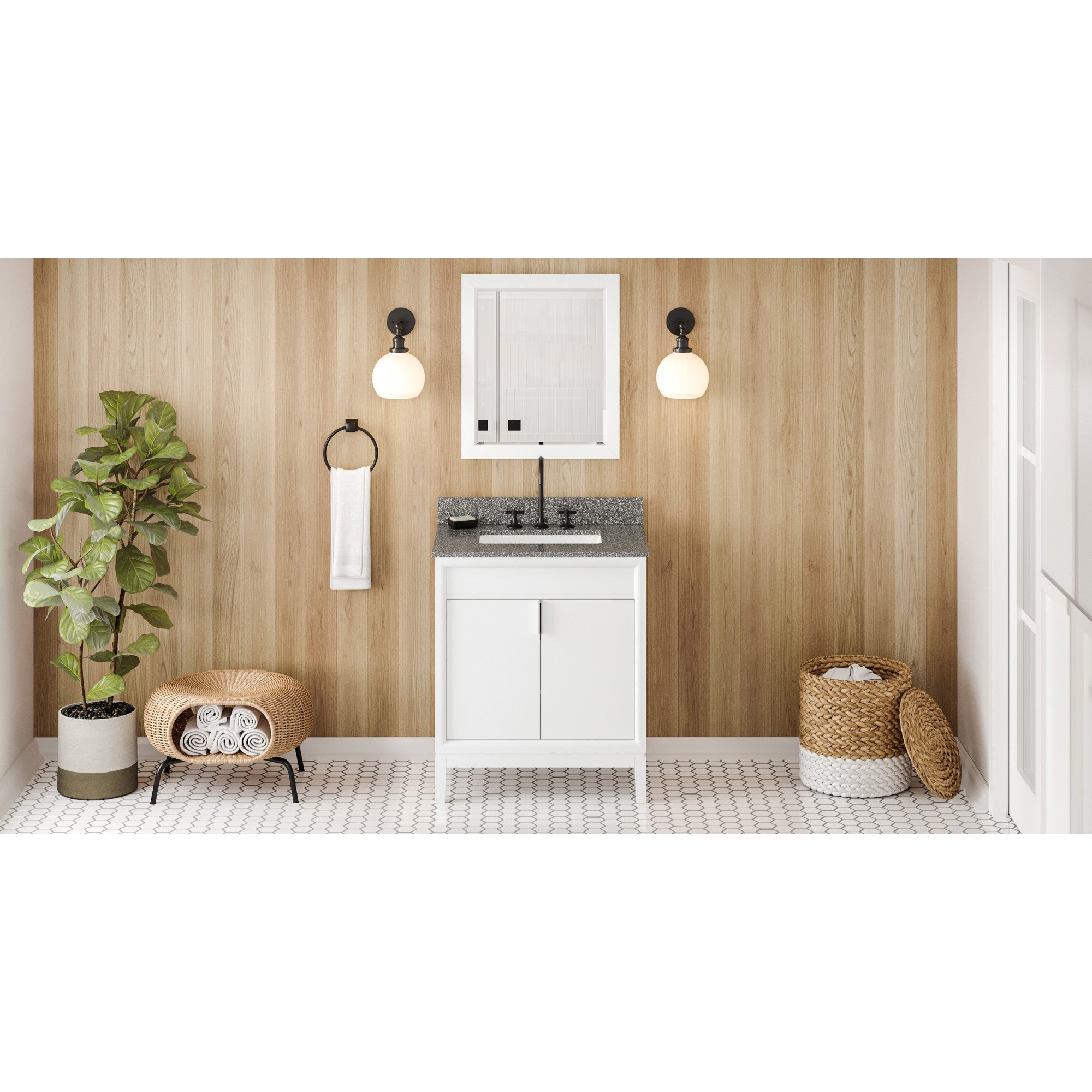 30" White Theodora Vanity, Boulder Cultured Marble Vanity Top, undermount rectangle bowl | KitchBath