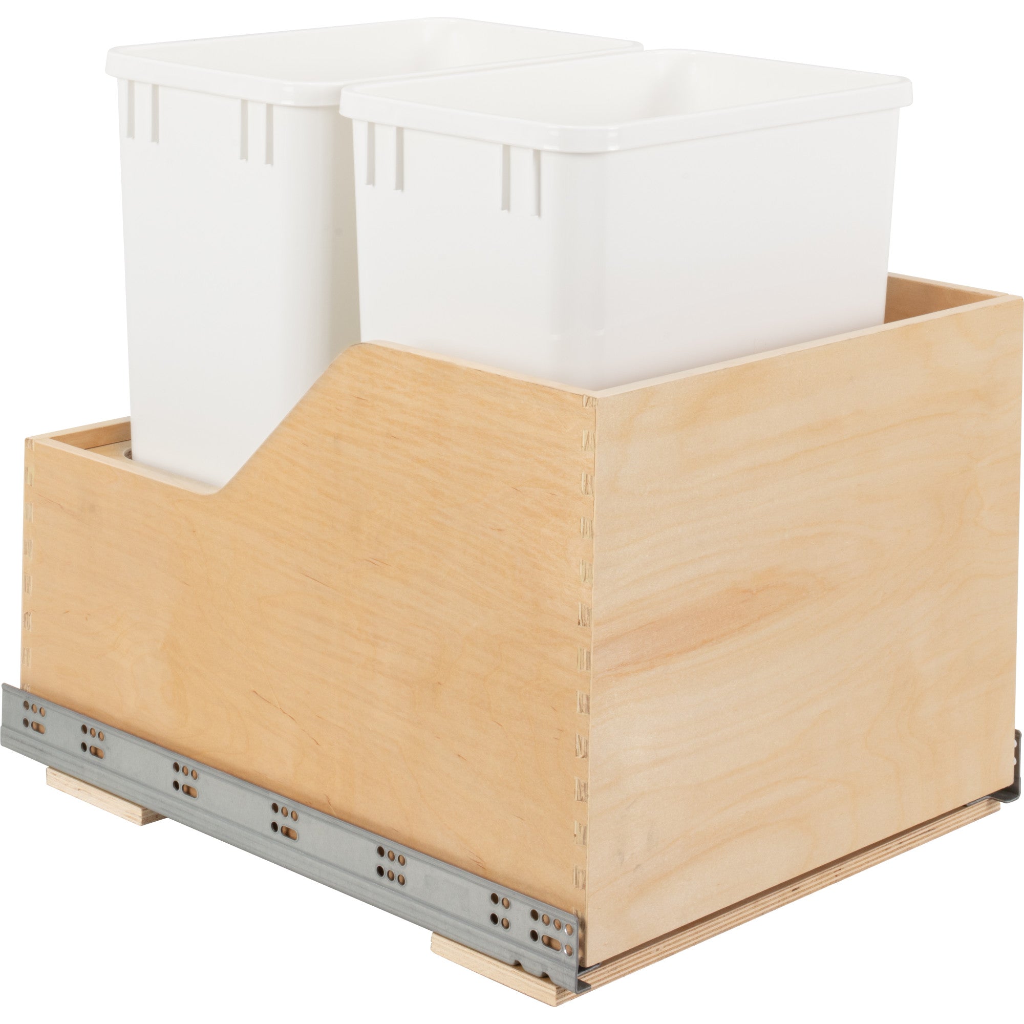 Double 35 Quart Wood Bottom-Mount Soft-close Trashcan Rollout for Hinged Doors, Includes Two White Cans | KitchBath