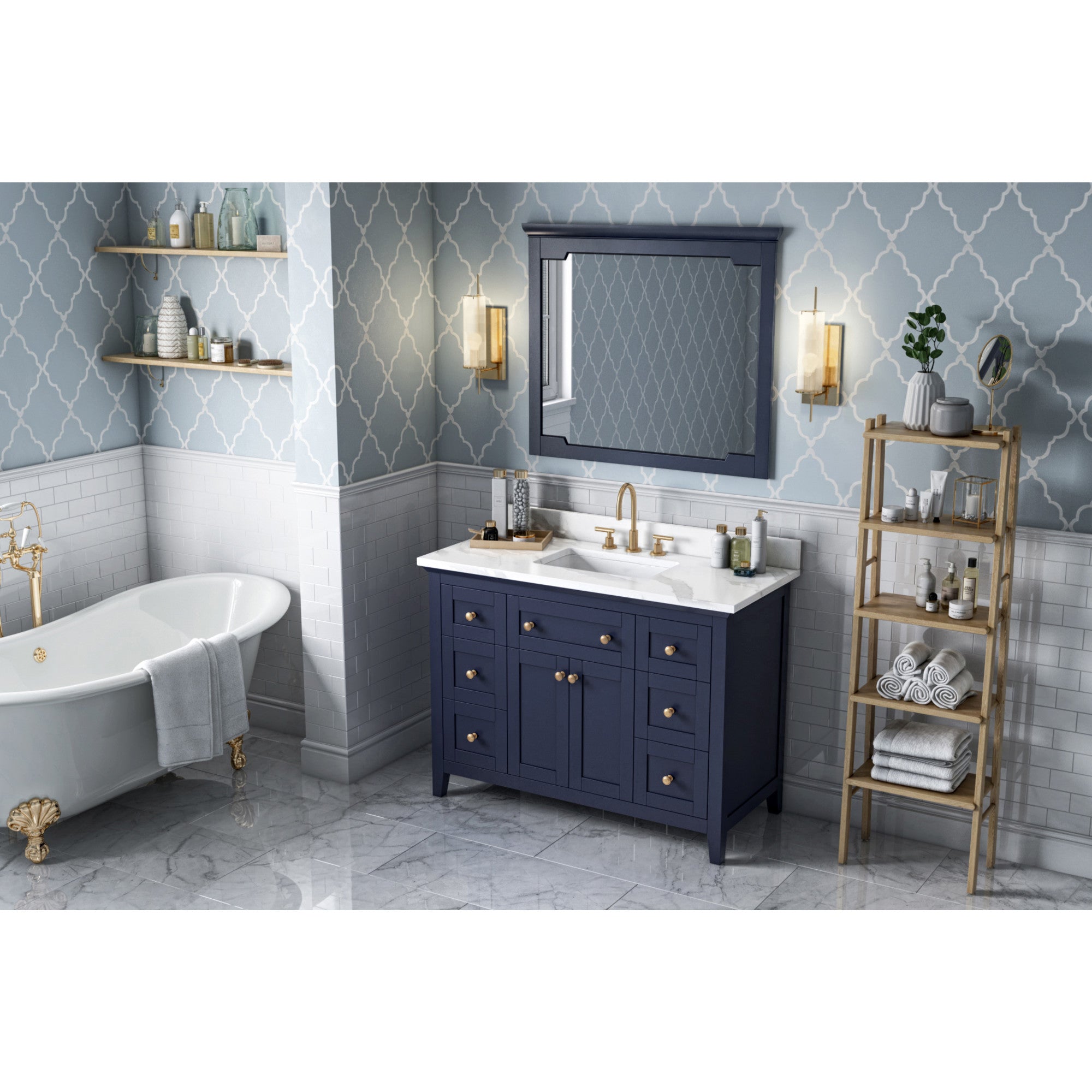 48" Hale Blue Chatham Vanity, Calacatta Vienna Quartz Vanity Top, undermount rectangle bowl | KitchBath