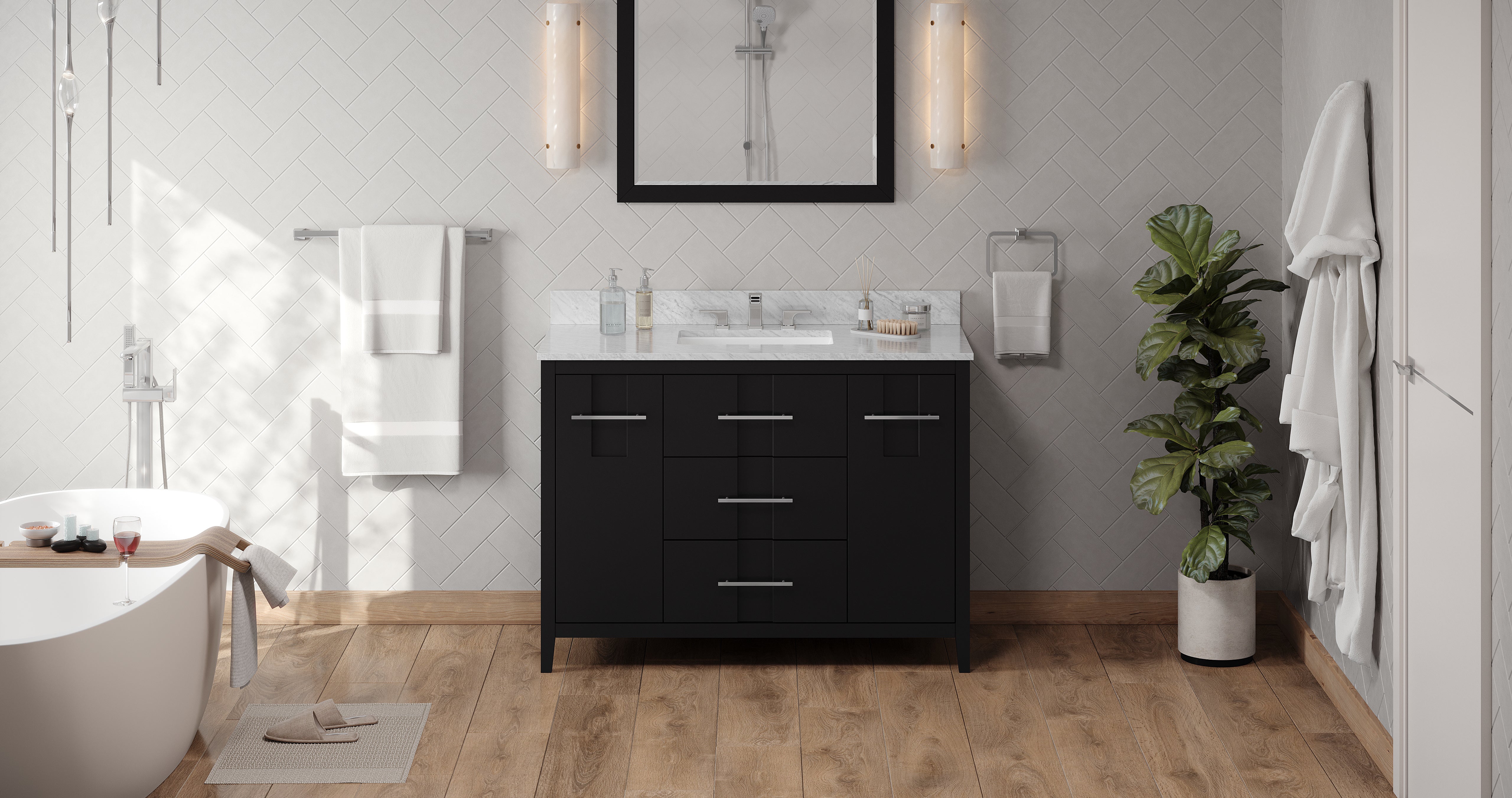 48" Black Katara Vanity, White Carrara Marble Vanity Top, undermount rectangle bowl | KitchBath