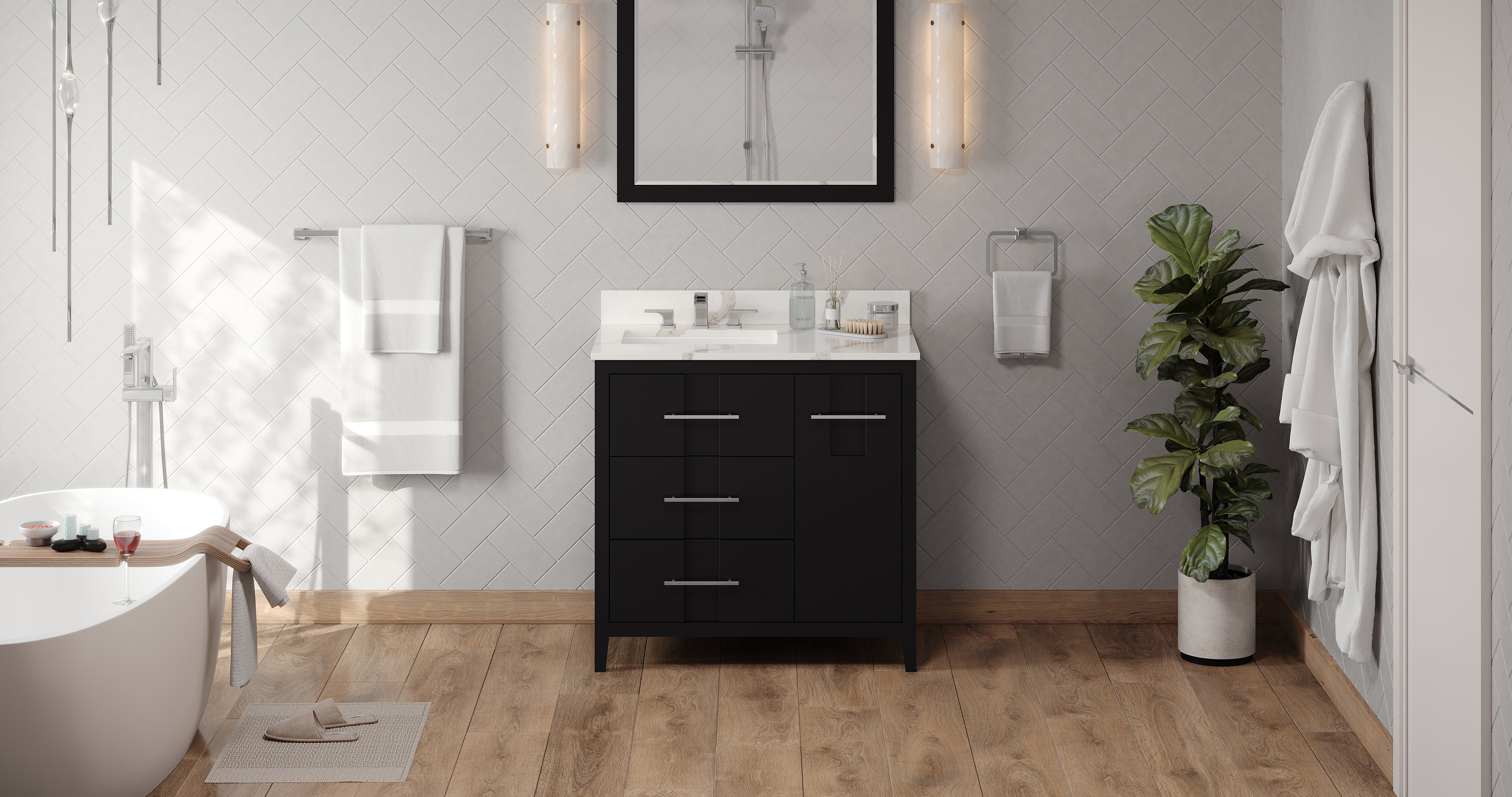 36" Black Katara Vanity, left offset, Calacatta Vienna Quartz Vanity Top, undermount rectangle bowl | KitchBath
