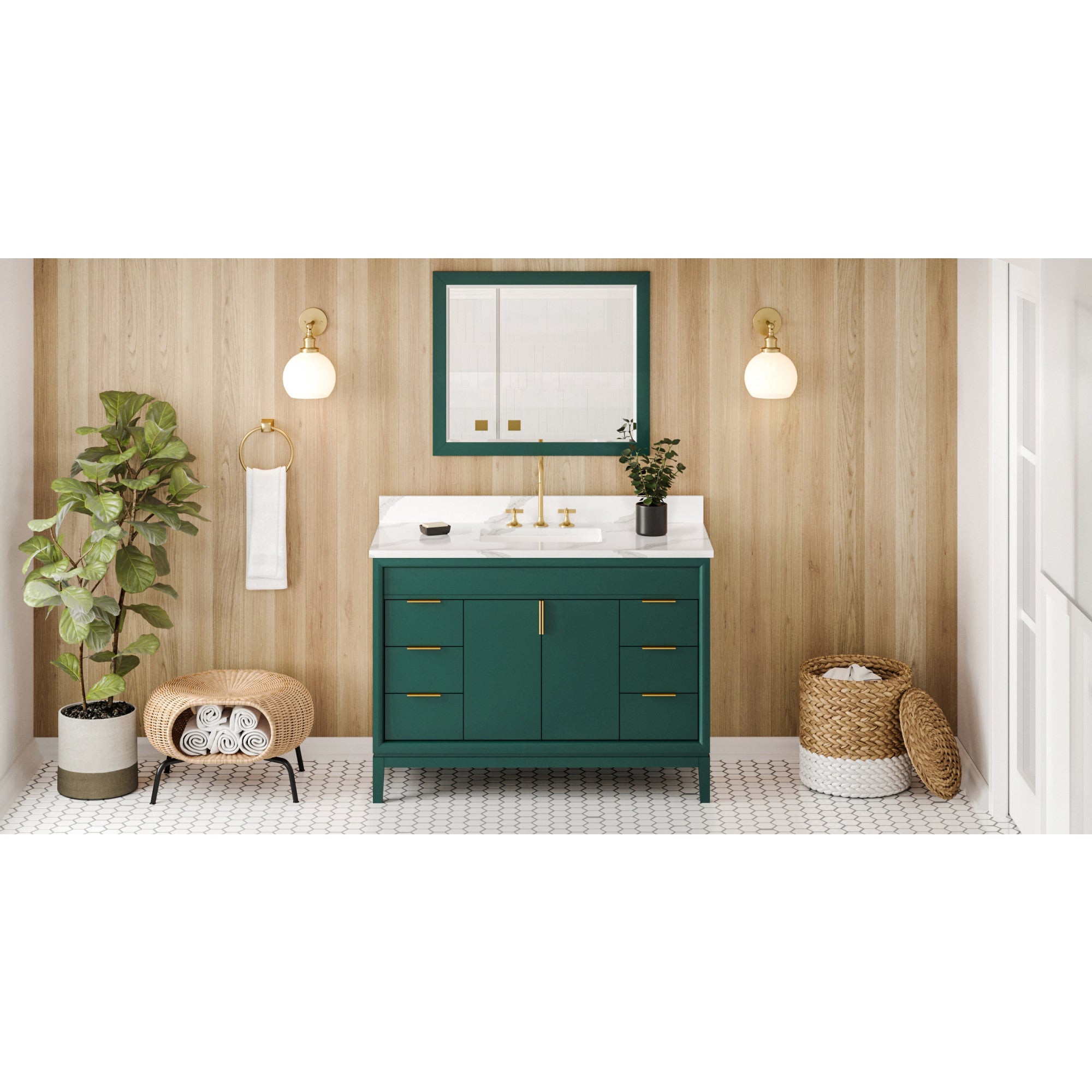48" Forest Green Theodora Vanity, Calacatta Vienna Quartz Vanity Top, undermount rectangle bowl | KitchBath