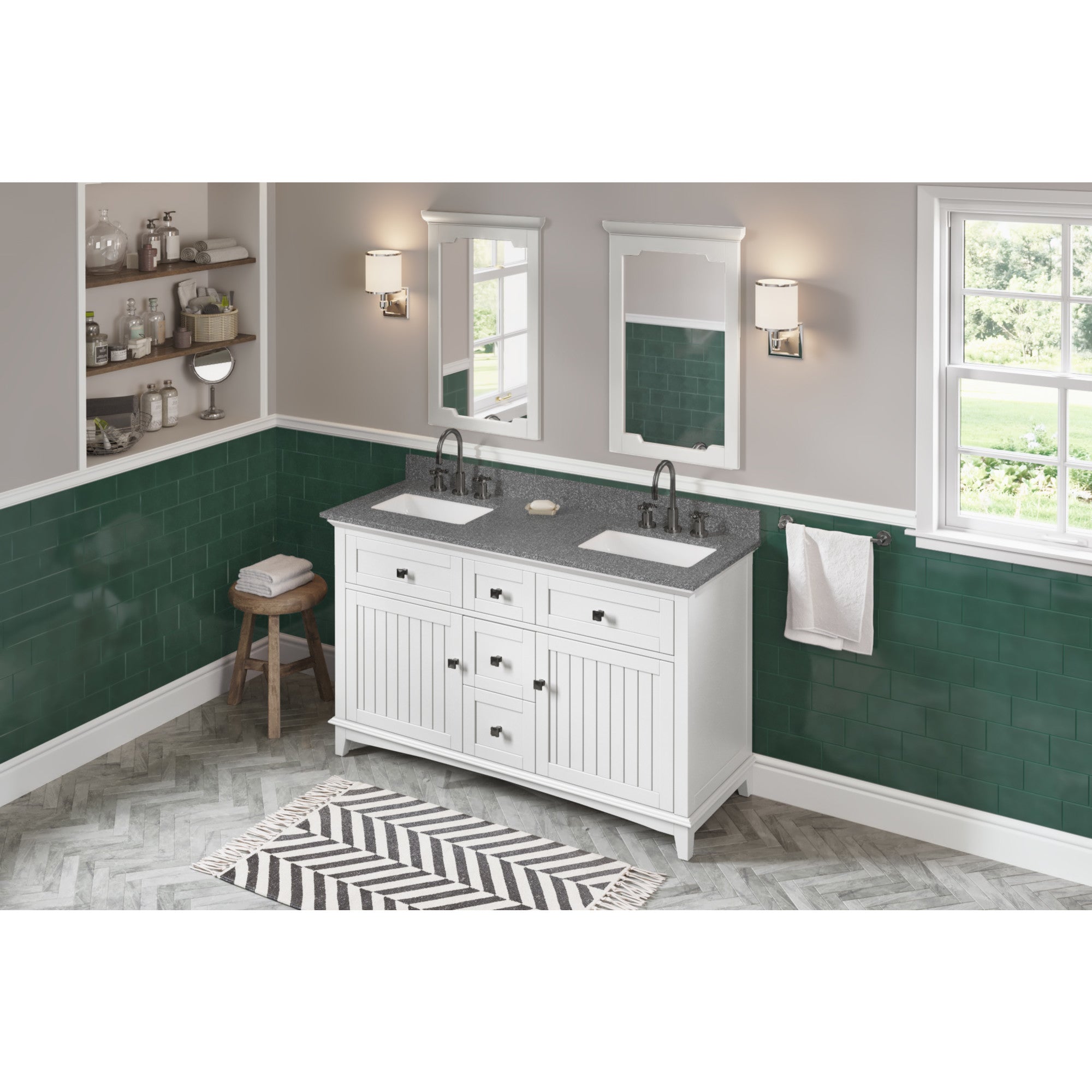60" White Savino Vanity, double bowl, Boulder Cultured Marble Vanity Top, two undermount rectangle bowls | KitchBath