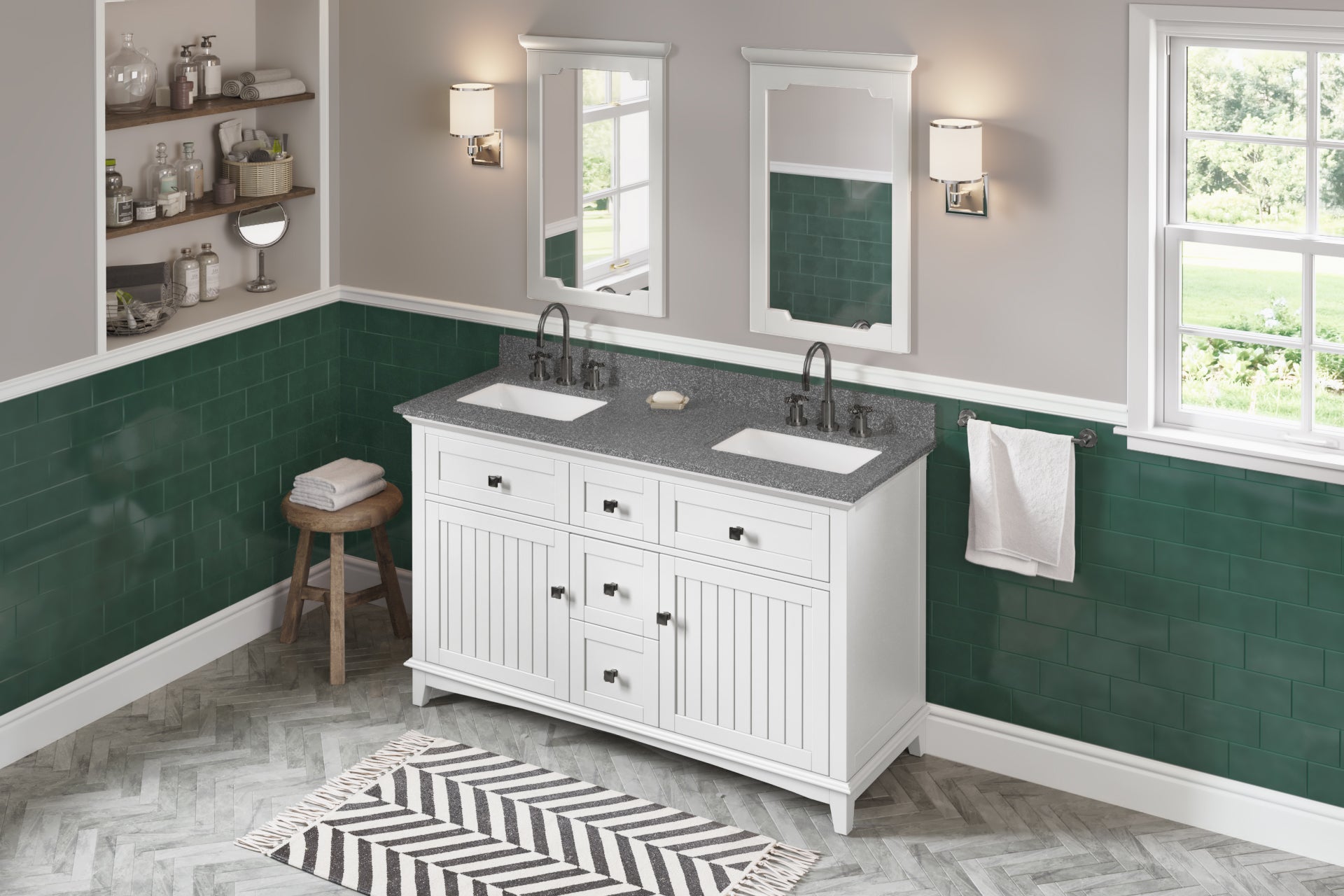 60" White Savino Vanity, double bowl, Boulder Cultured Marble Vanity Top, two undermount rectangle bowls