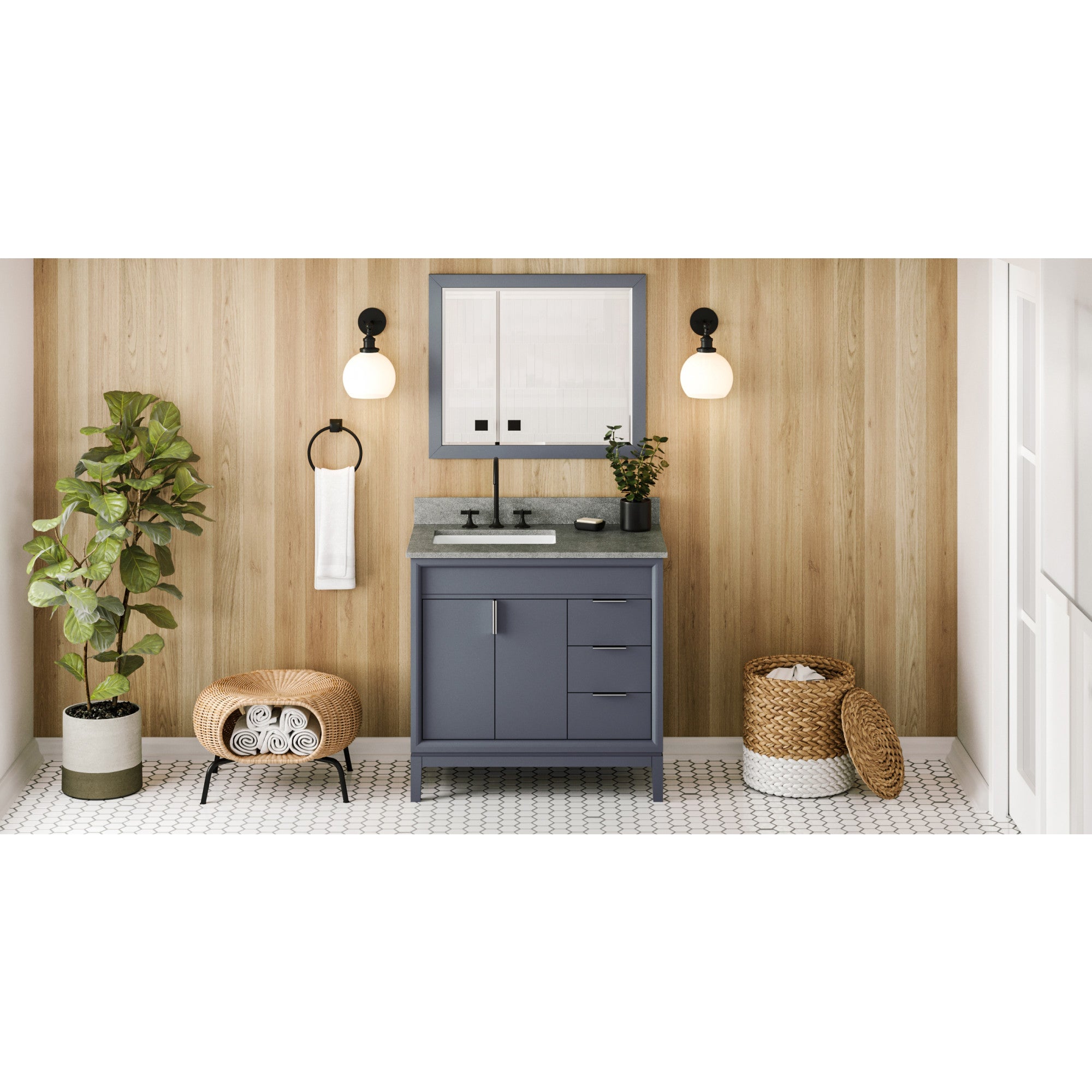 36" Blue Steel Theodora Vanity, left offset, Steel Grey Cultured Marble Vanity Top, undermount rectangle bowl | KitchBath