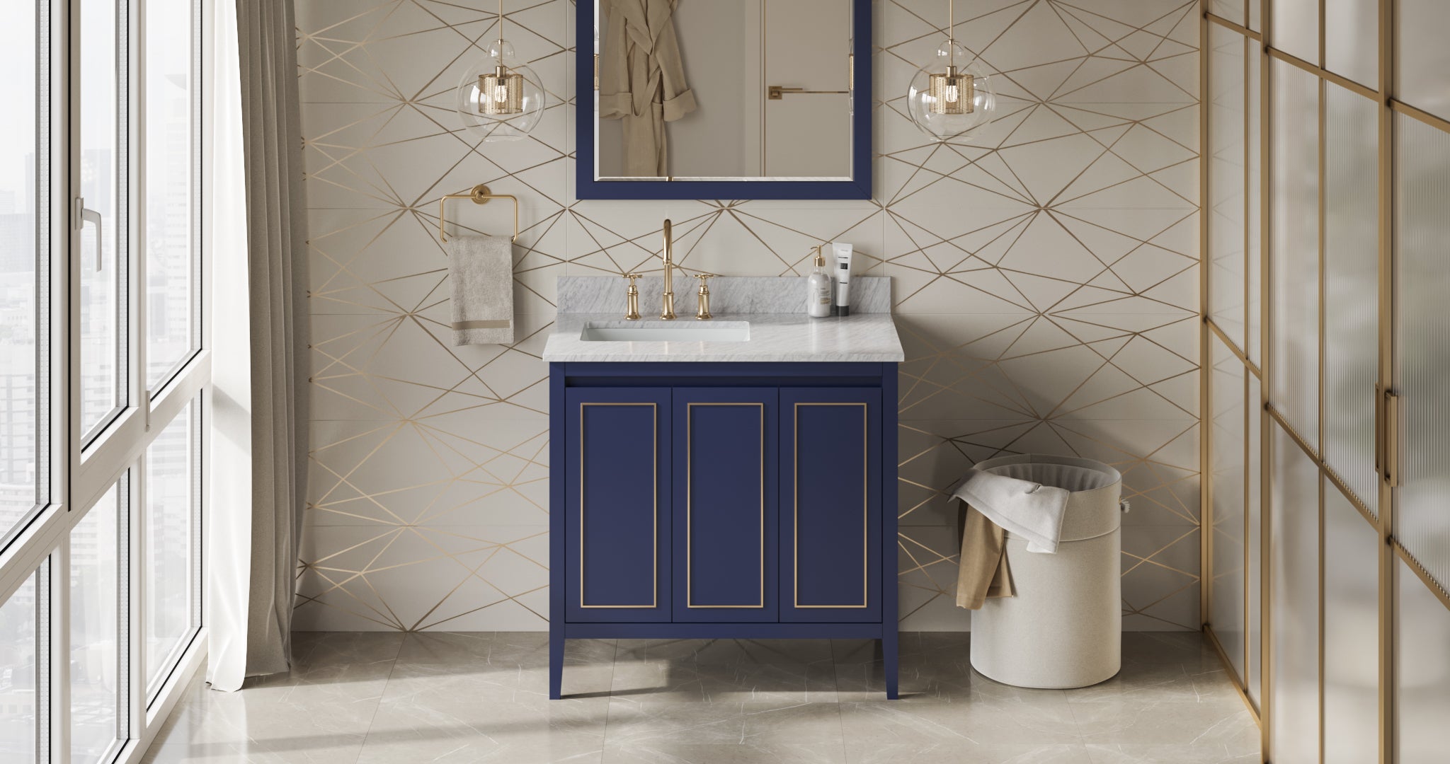 36" Hale Blue Percival Vanity, left offset, White Carrara Marble Vanity Top, undermount rectangle bowl | KitchBath