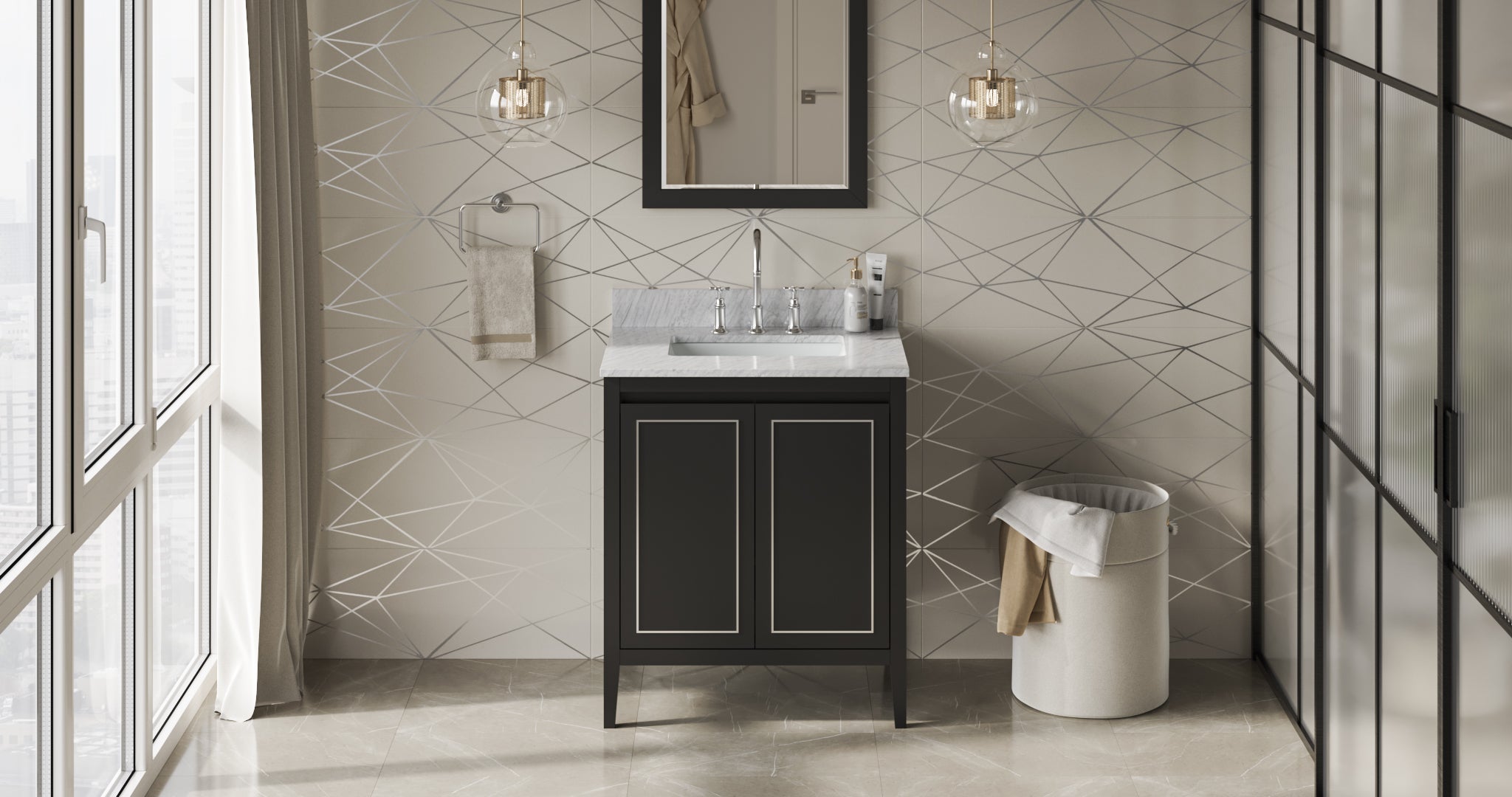 30" Black Percival Vanity, White Carrara Marble Vanity Top, undermount rectangle bowl | KitchBath
