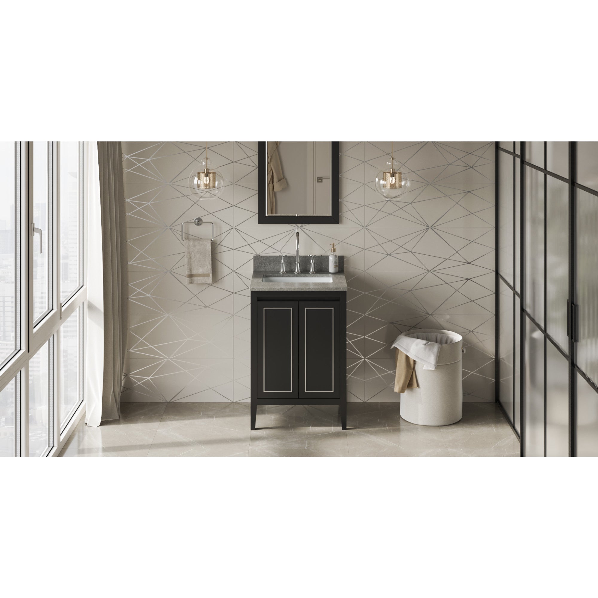 24" Black Percival Vanity, Steel Grey Cultured Marble Vanity Top, undermount rectangle bowl | KitchBath