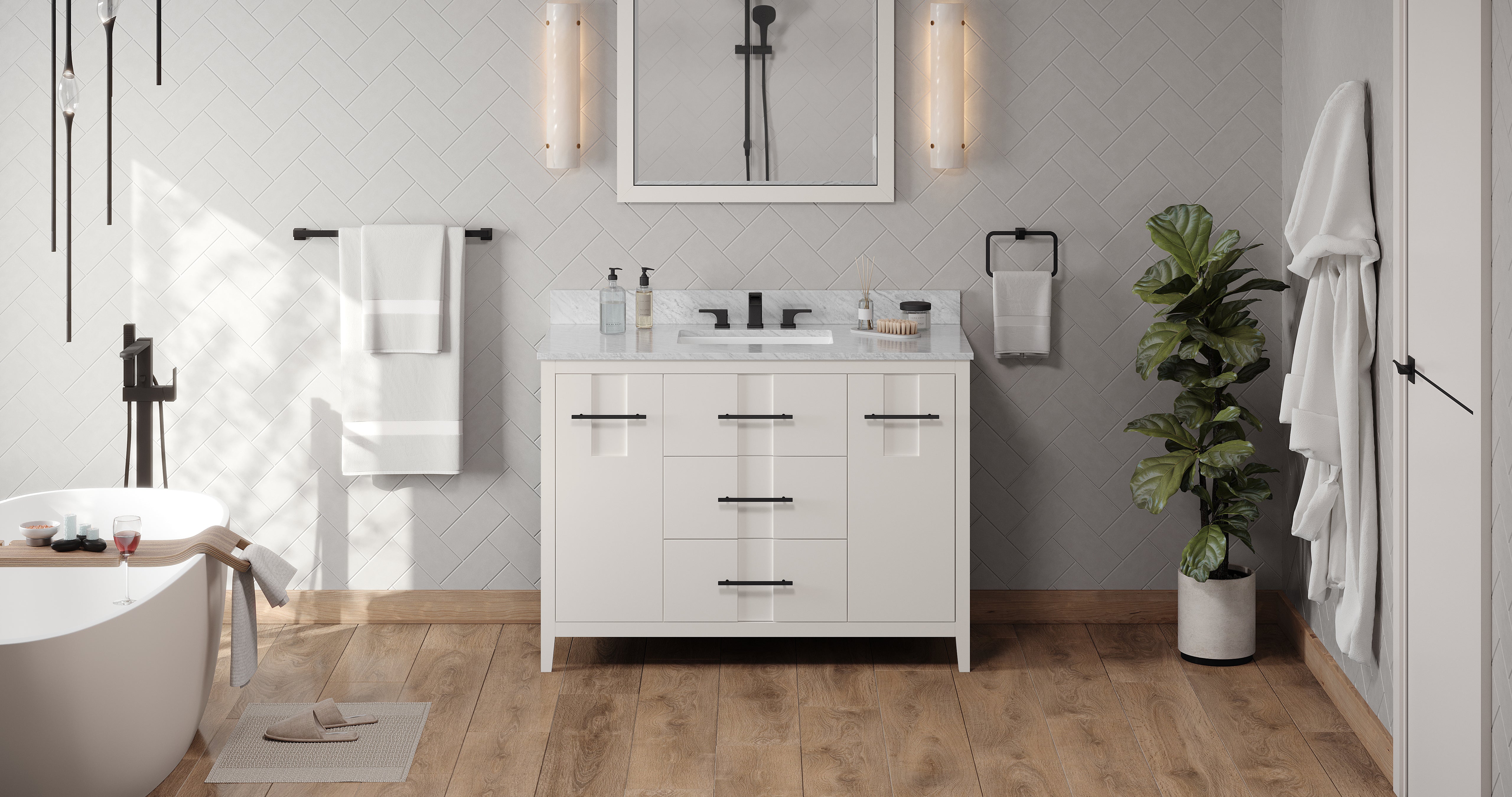 48" White Katara Vanity, White Carrara Marble Vanity Top, undermount rectangle bowl | KitchBath