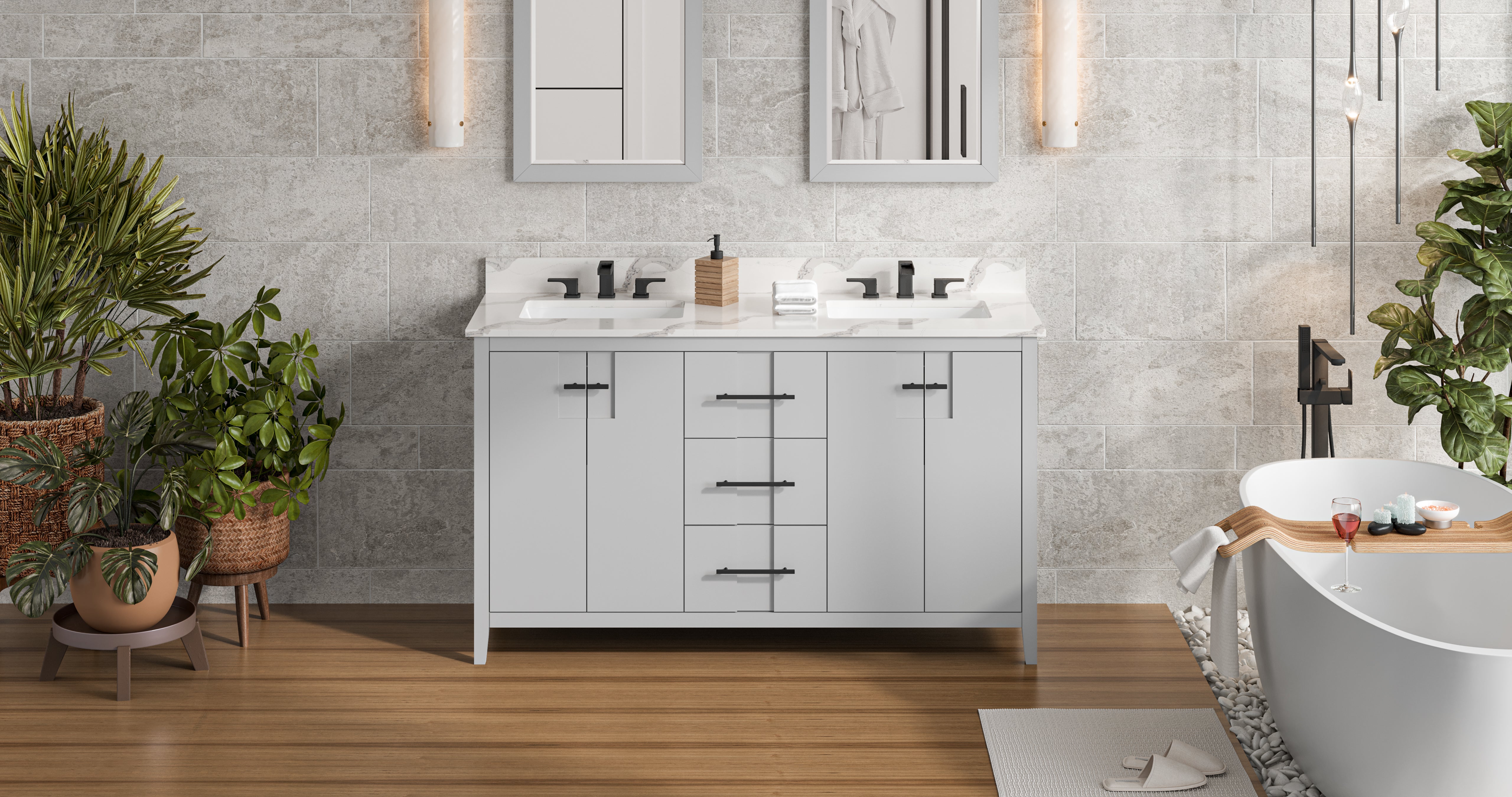 60" Grey Katara Vanity, double bowl, Calacatta Vienna Quartz Vanity Top, two undermount rectangle bowls | KitchBath